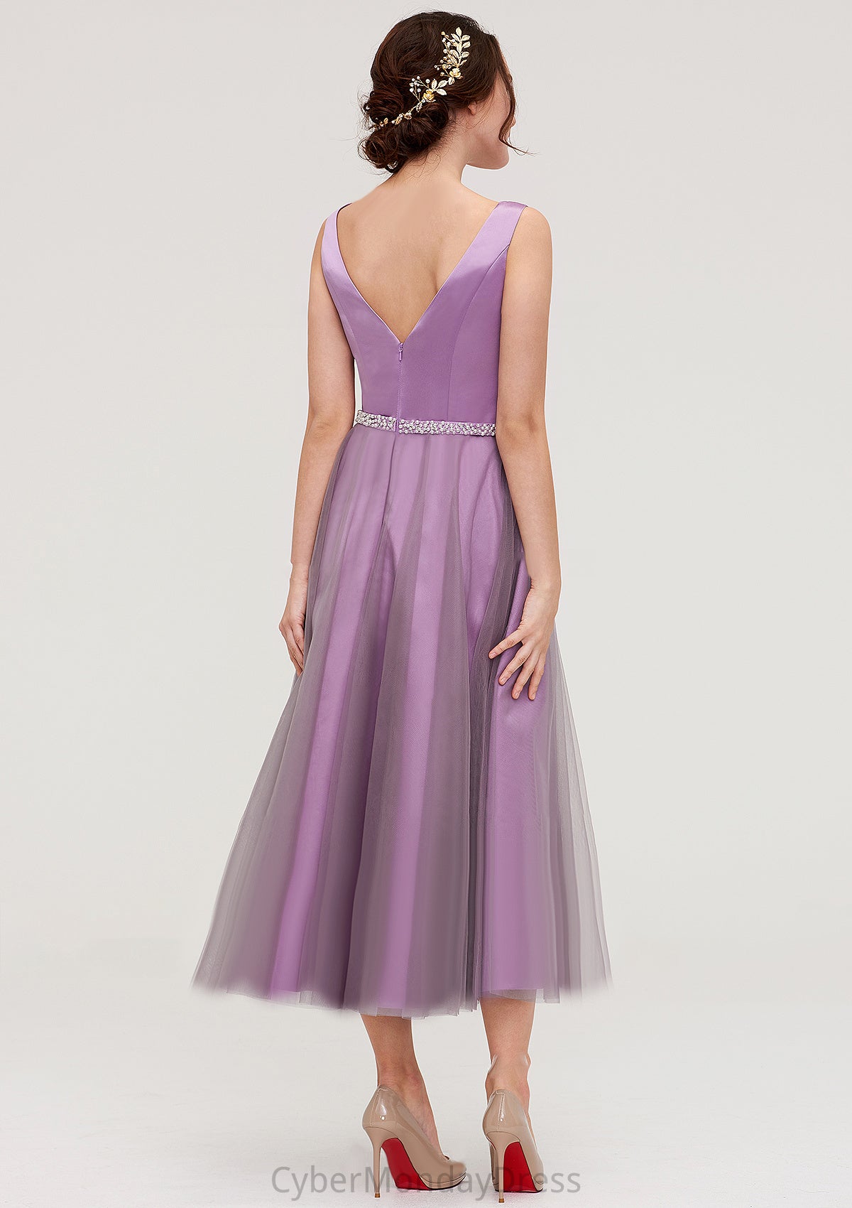 V Neck Sleeveless Tulle Tea-Length A-line/Princess Bridesmaid Dresses With Waistband Beading Pleated Christina DTP0025395