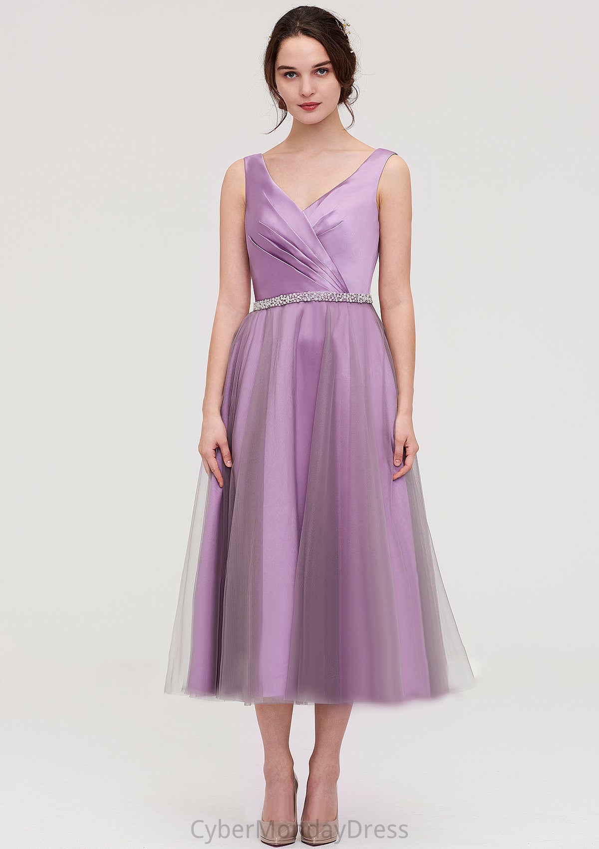 V Neck Sleeveless Tulle Tea-Length A-line/Princess Bridesmaid Dresses With Waistband Beading Pleated Christina DTP0025395