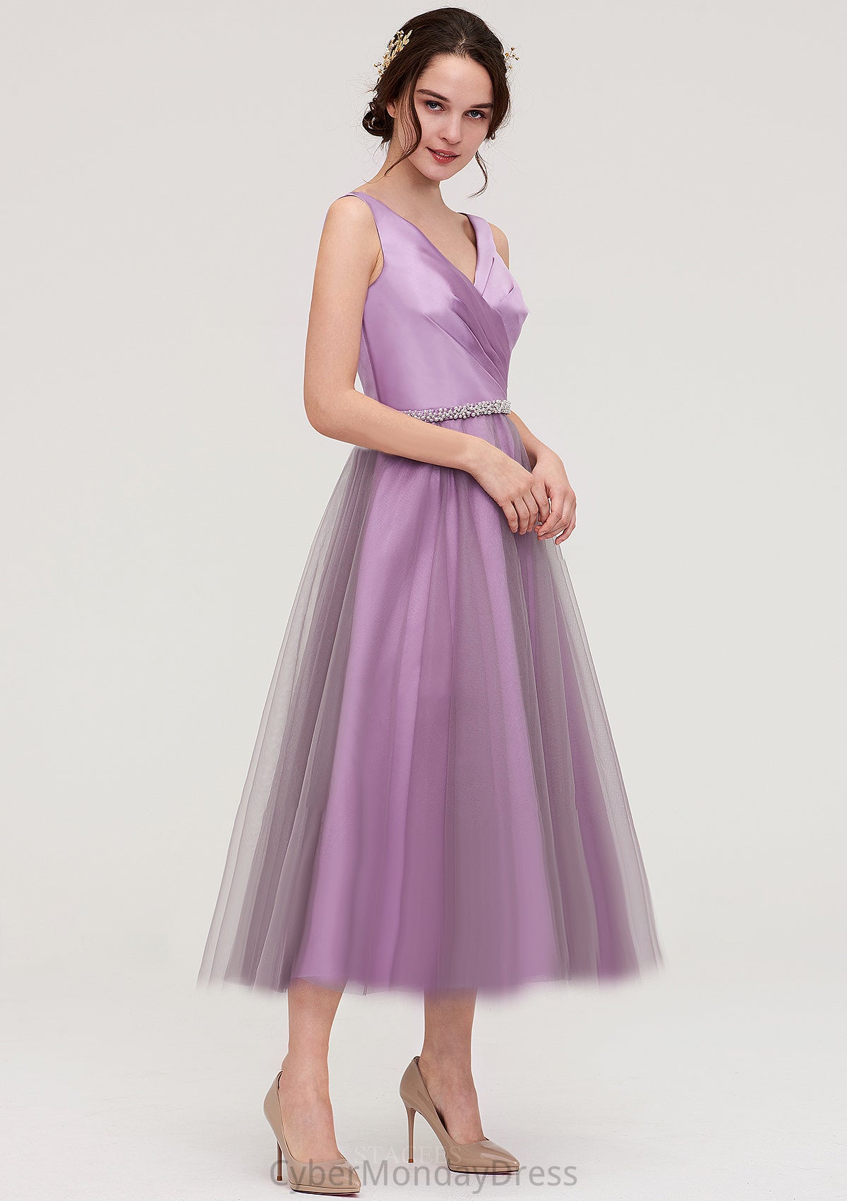 V Neck Sleeveless Tulle Tea-Length A-line/Princess Bridesmaid Dresses With Waistband Beading Pleated Christina DTP0025395