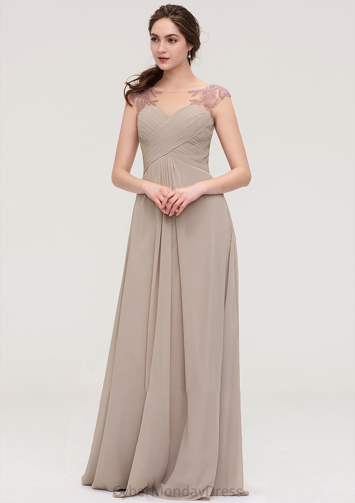 Sleeveless Scoop Neck Long/Floor-Length A-line/Princess Chiffon Bridesmaid Dresses With Pleated Beading -Bridesmaid Dresseses
 Arielle DTP0025396