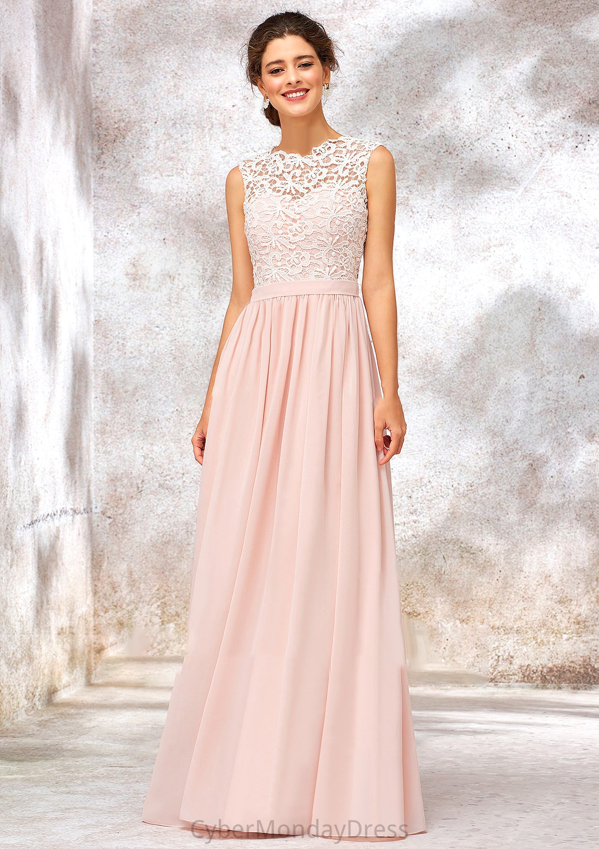 Scoop Neck Sleeveless Long/Floor-Length Chiffon A-line/Princess Bridesmaid Dresses With Lace Paityn DTP0025398