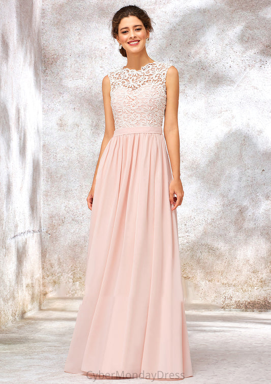 Scoop Neck Sleeveless Long/Floor-Length Chiffon A-line/Princess Bridesmaid Dresses With Lace Paityn DTP0025398