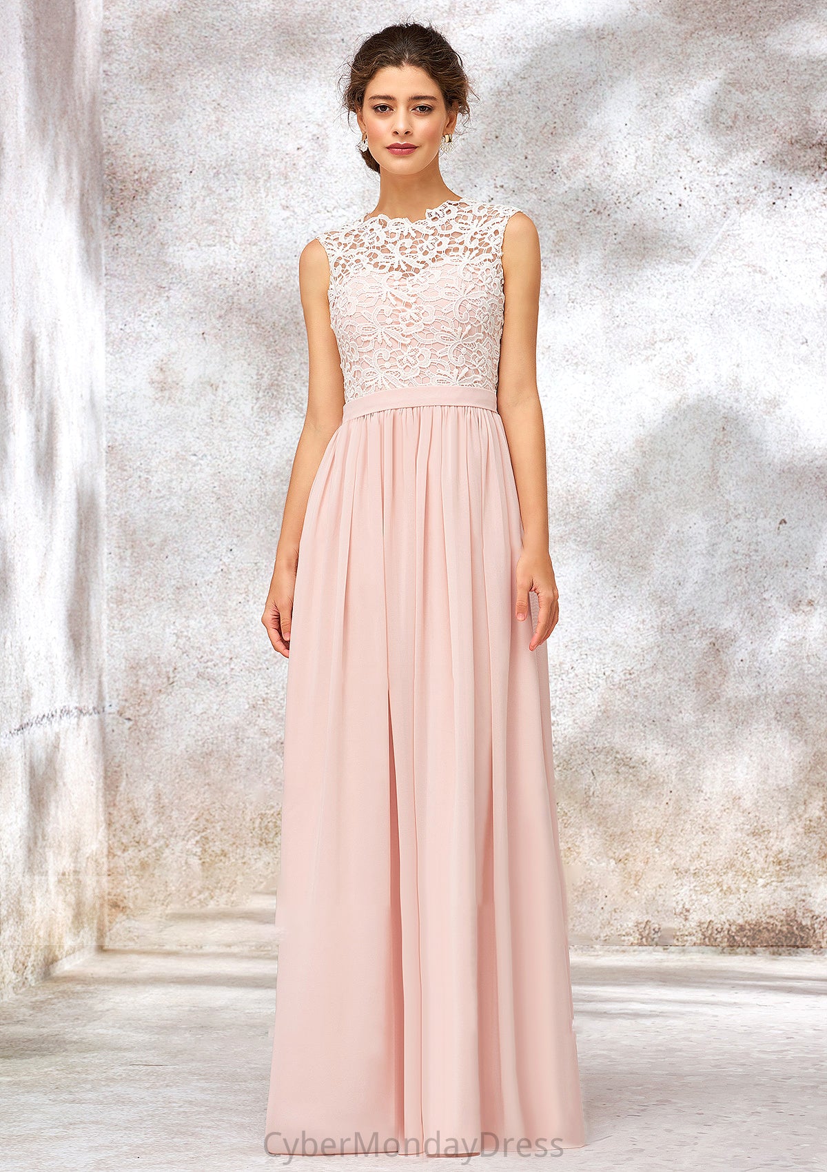 Scoop Neck Sleeveless Long/Floor-Length Chiffon A-line/Princess Bridesmaid Dresses With Lace Paityn DTP0025398