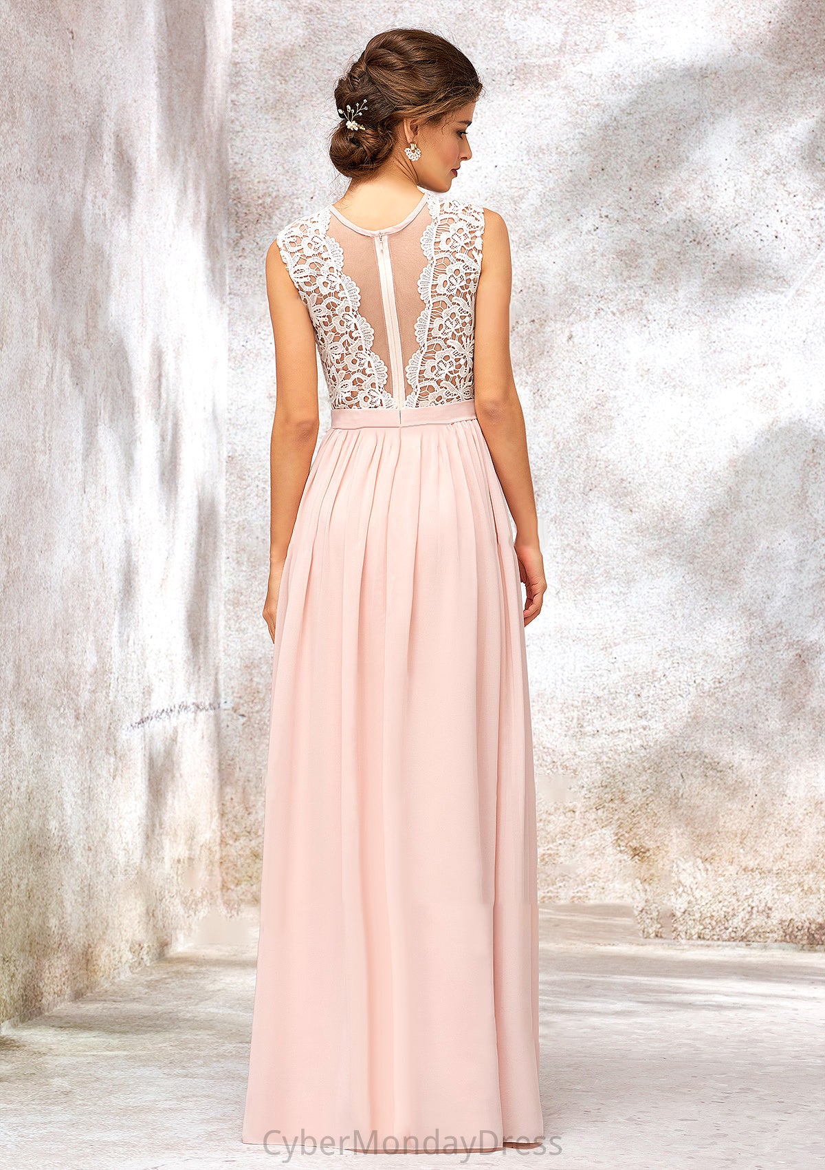 Scoop Neck Sleeveless Long/Floor-Length Chiffon A-line/Princess Bridesmaid Dresses With Lace Paityn DTP0025398