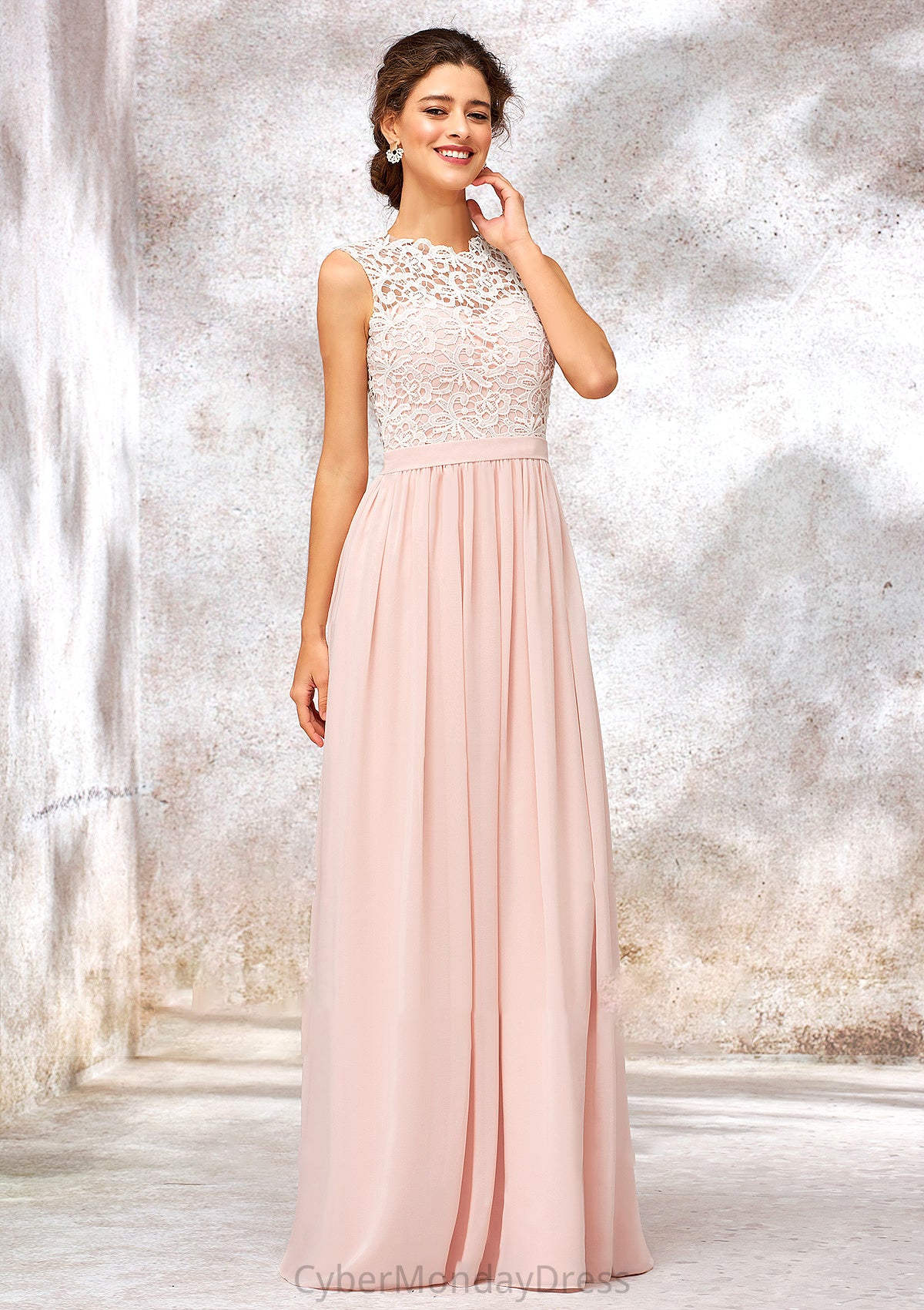 Scoop Neck Sleeveless Long/Floor-Length Chiffon A-line/Princess Bridesmaid Dresses With Lace Paityn DTP0025398