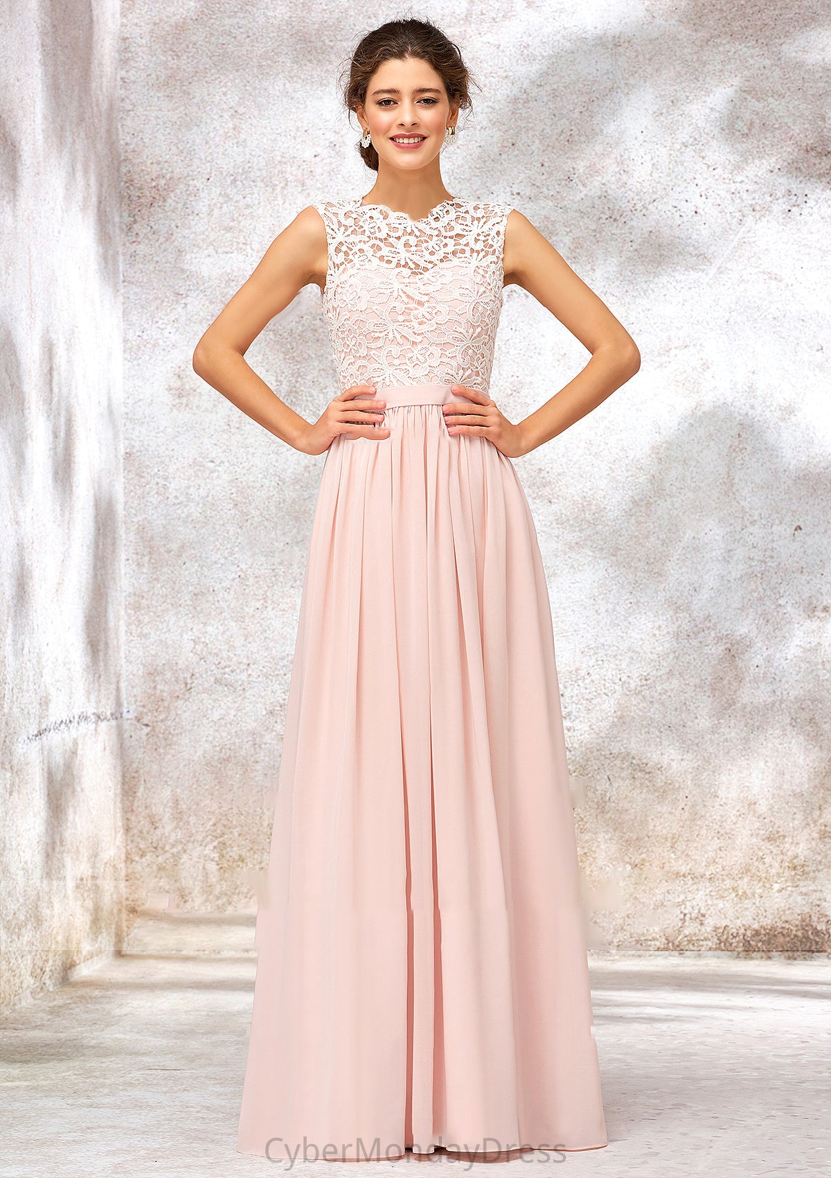 Scoop Neck Sleeveless Long/Floor-Length Chiffon A-line/Princess Bridesmaid Dresses With Lace Paityn DTP0025398