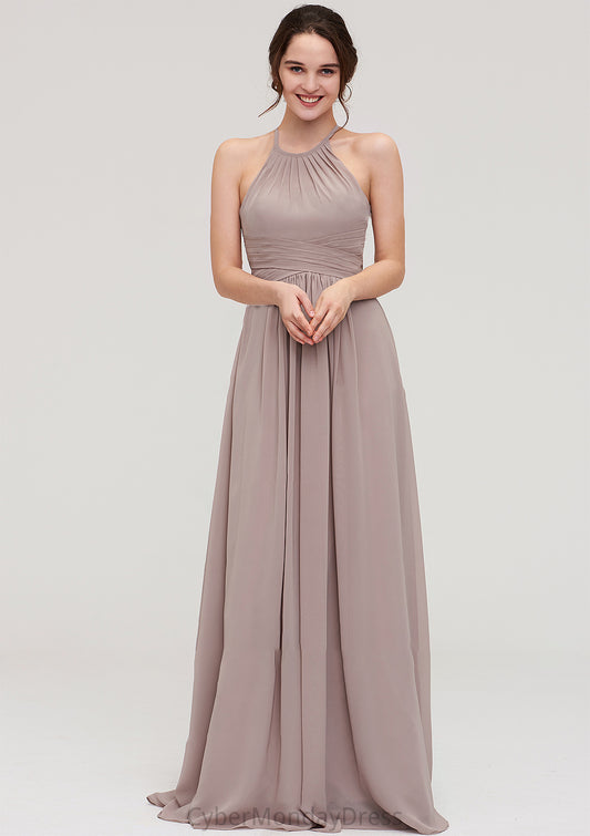 Scoop Neck Sleeveless A-line/Princess Chiffon Long/Floor-Length Bridesmaid Dresseses With Pleated Brooklynn DTP0025399