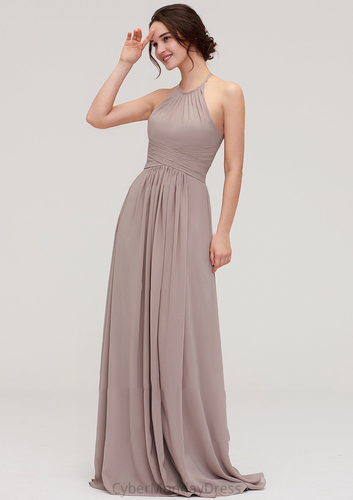 Scoop Neck Sleeveless A-line/Princess Chiffon Long/Floor-Length Bridesmaid Dresseses With Pleated Brooklynn DTP0025399