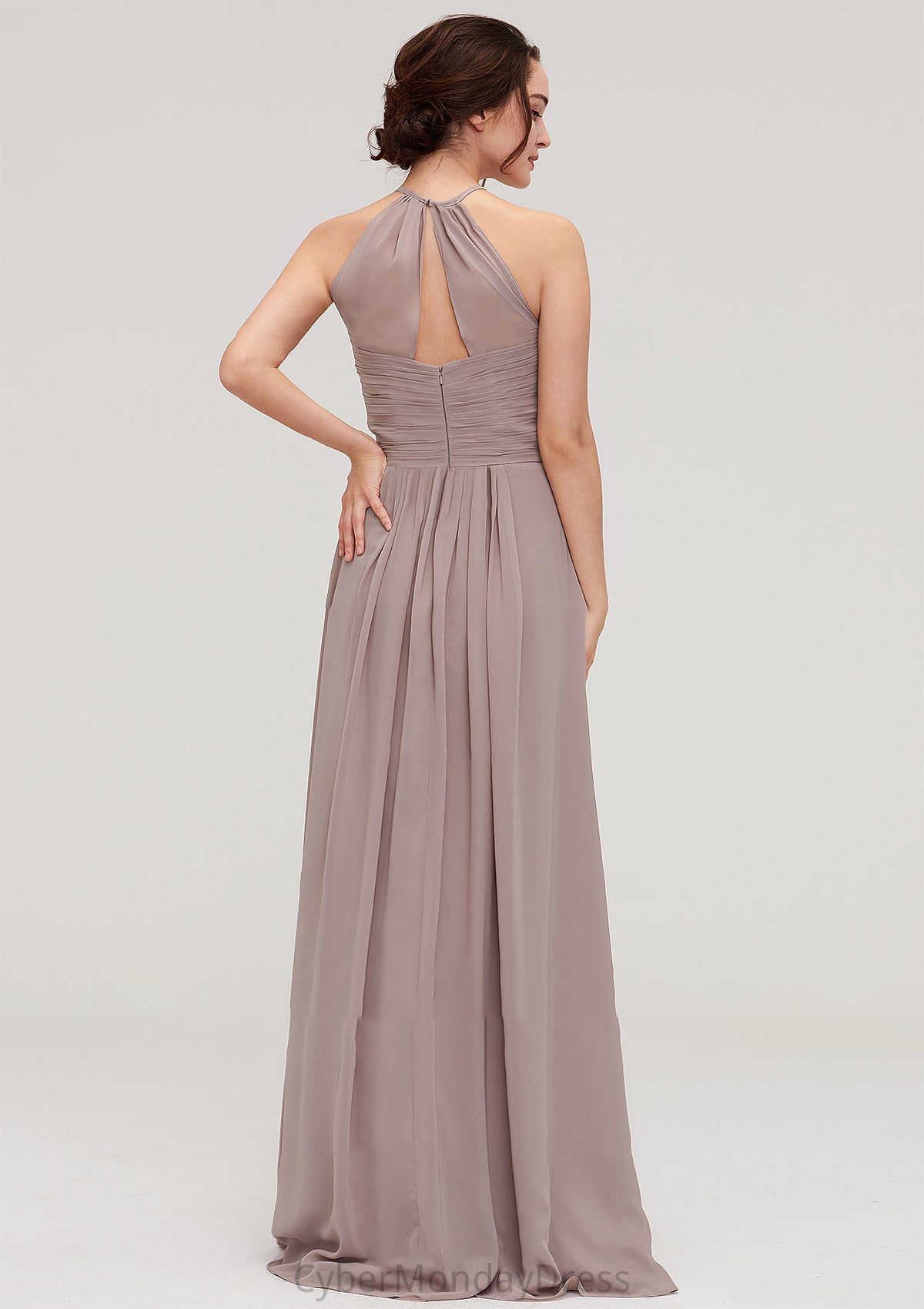 Scoop Neck Sleeveless A-line/Princess Chiffon Long/Floor-Length Bridesmaid Dresseses With Pleated Brooklynn DTP0025399