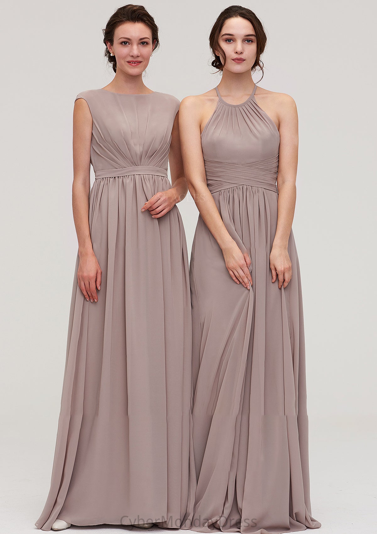 Scoop Neck Sleeveless A-line/Princess Chiffon Long/Floor-Length Bridesmaid Dresseses With Pleated Brooklynn DTP0025399