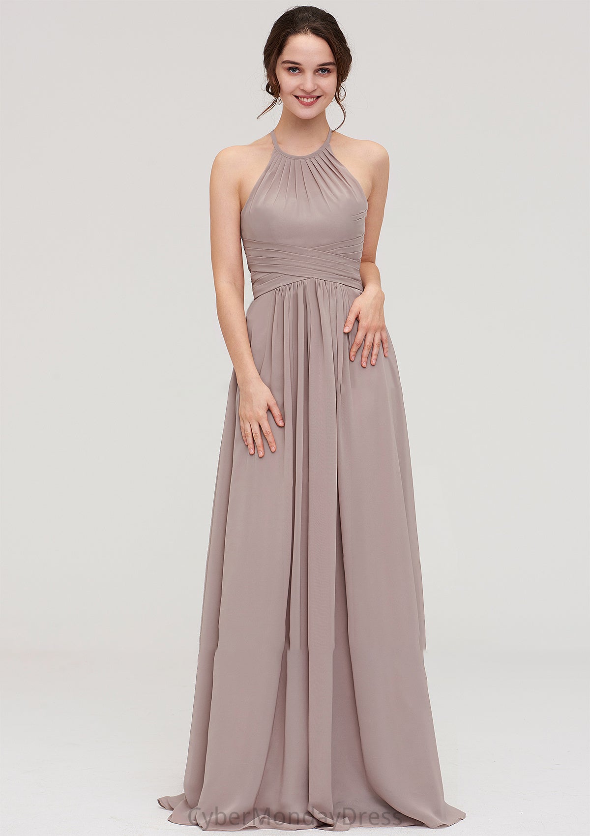 Scoop Neck Sleeveless A-line/Princess Chiffon Long/Floor-Length Bridesmaid Dresseses With Pleated Brooklynn DTP0025399