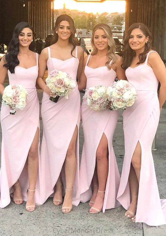 Sheath/Column Sweetheart Sleeveless Sweep Train Elastic Satin Bridesmaid Dresses With Pleated Split Lila DTP0025400