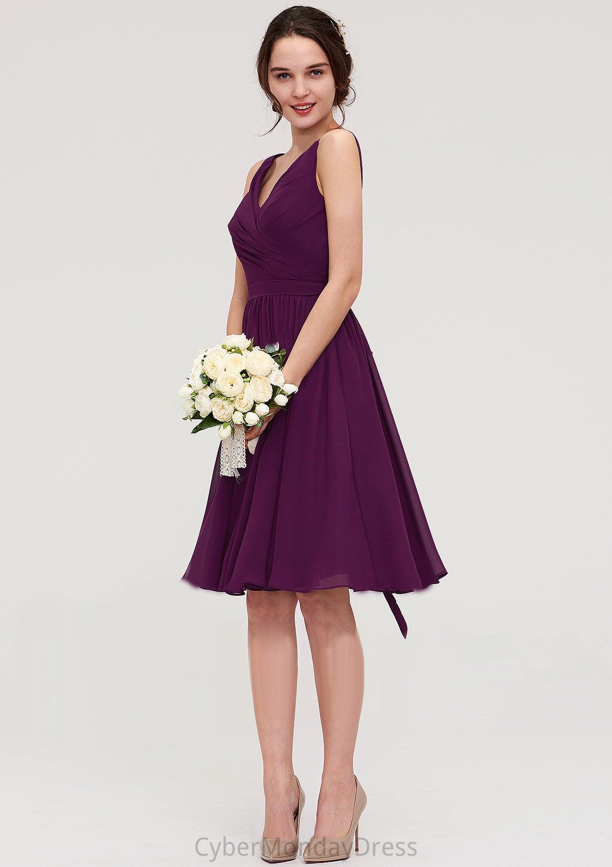 Sleeveless V Neck Chiffon A-line/Princess Knee-Length Bridesmaid Dresses With Pleated Sherlyn DTP0025401