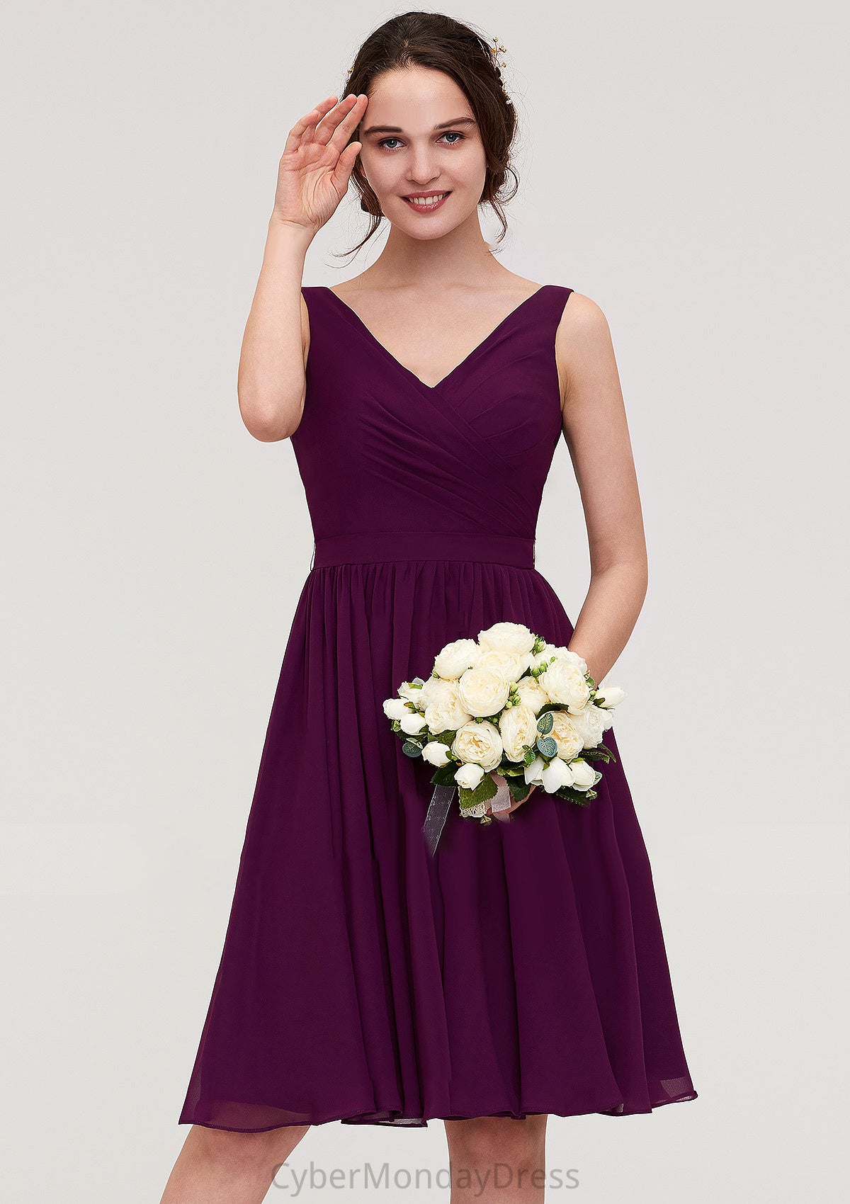 Sleeveless V Neck Chiffon A-line/Princess Knee-Length Bridesmaid Dresses With Pleated Sherlyn DTP0025401