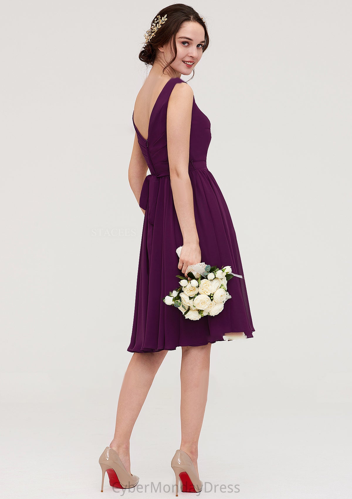 Sleeveless V Neck Chiffon A-line/Princess Knee-Length Bridesmaid Dresses With Pleated Sherlyn DTP0025401