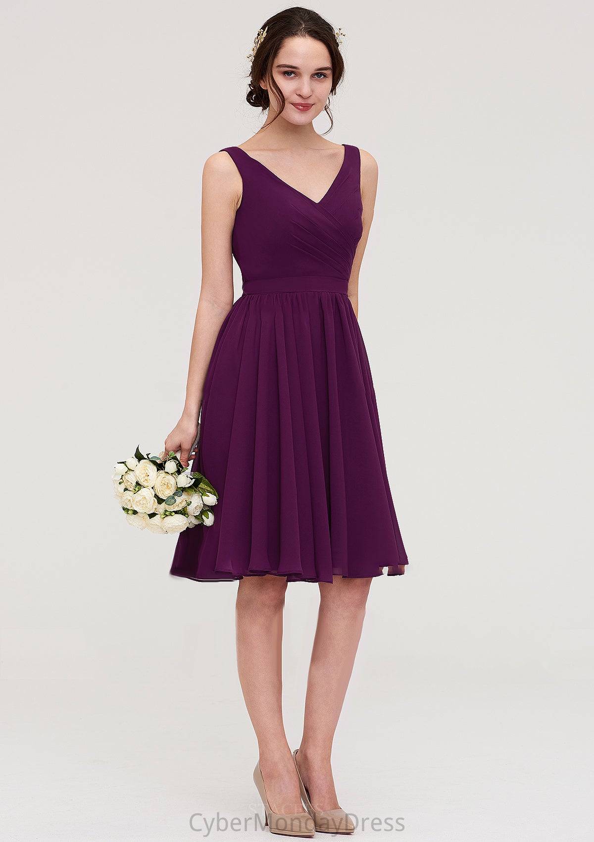 Sleeveless V Neck Chiffon A-line/Princess Knee-Length Bridesmaid Dresses With Pleated Sherlyn DTP0025401