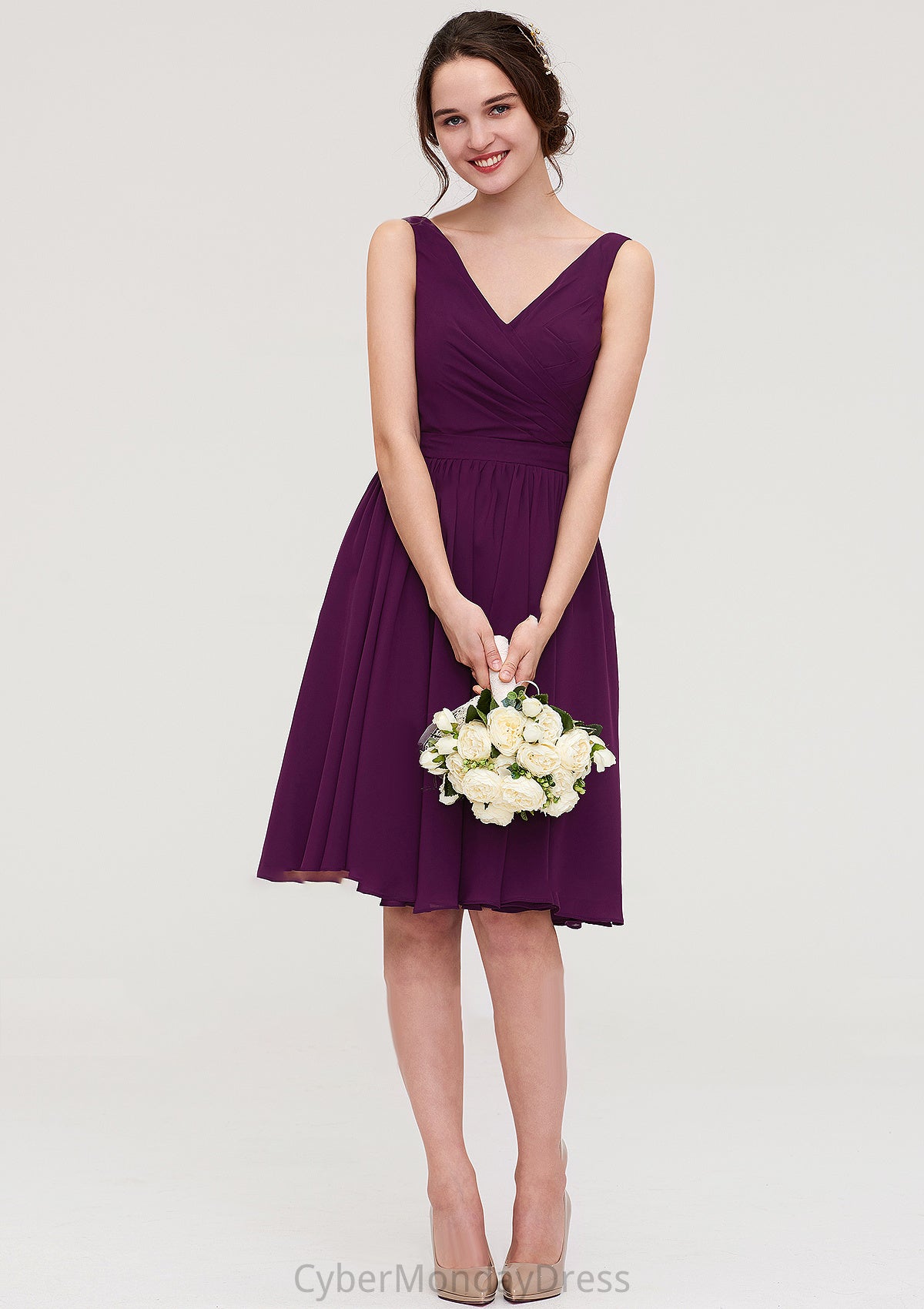 Sleeveless V Neck Chiffon A-line/Princess Knee-Length Bridesmaid Dresses With Pleated Sherlyn DTP0025401