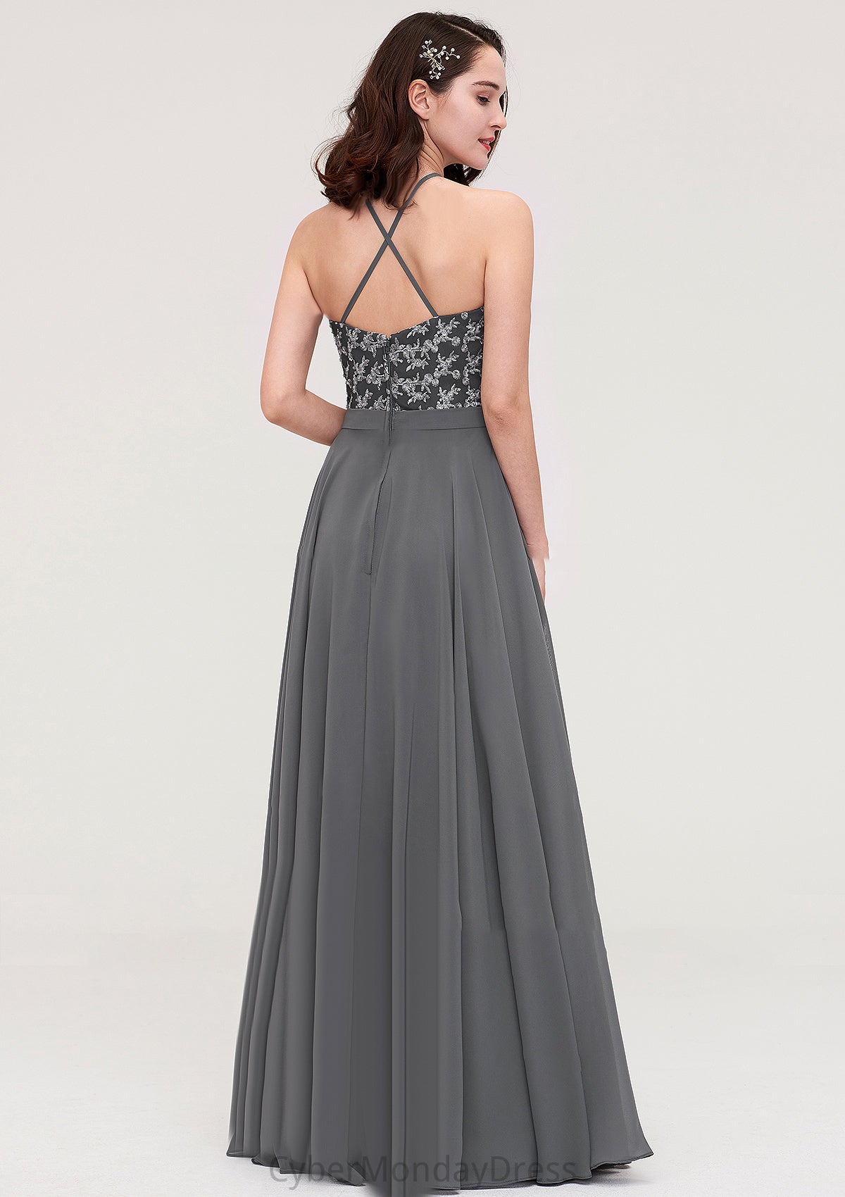 A-line/Princess Halter Long/Floor-Length Chiffon A-line/Princess Bridesmaid Dresses With Appliqued Tracy DTP0025402