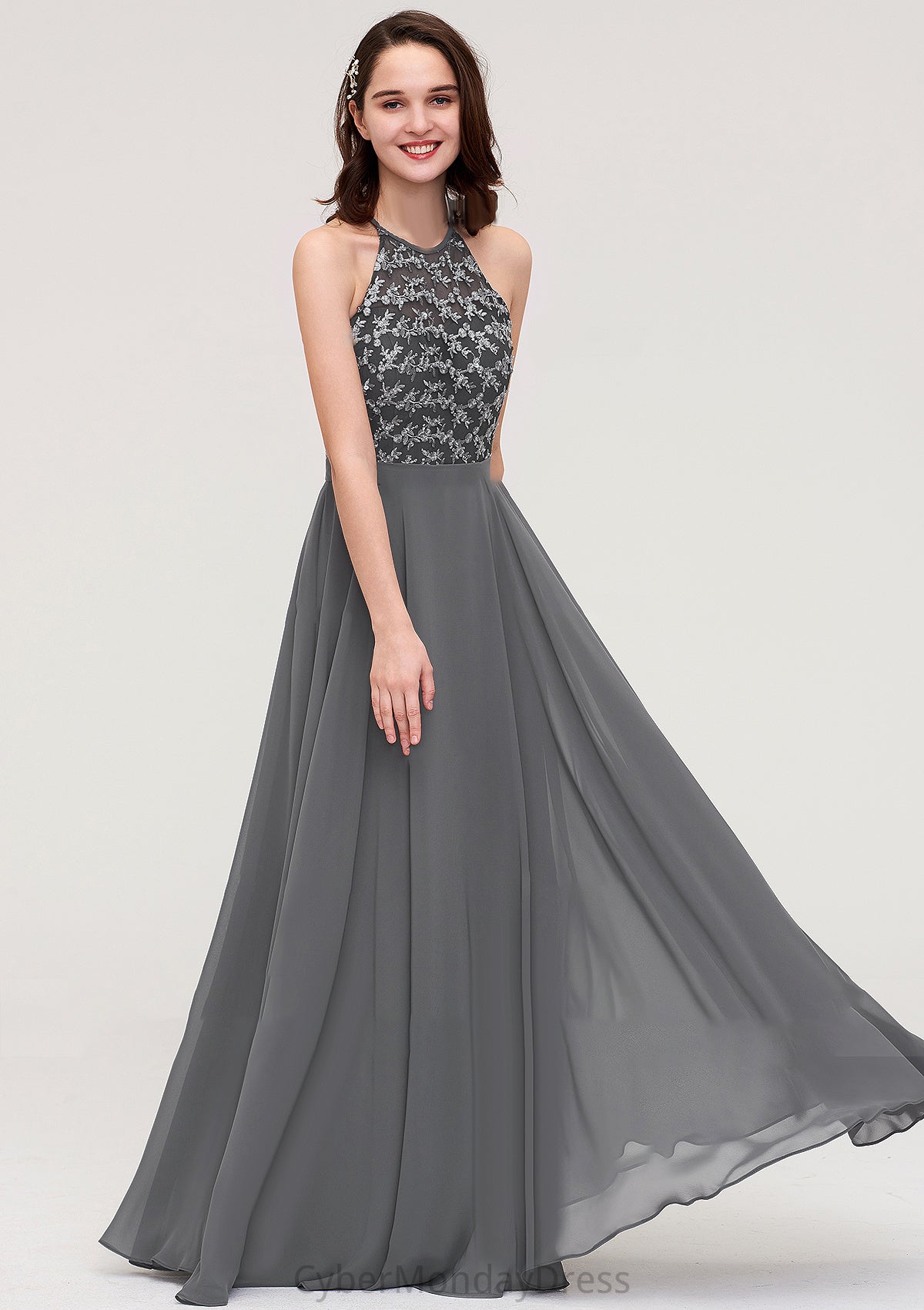 A-line/Princess Halter Long/Floor-Length Chiffon A-line/Princess Bridesmaid Dresses With Appliqued Tracy DTP0025402