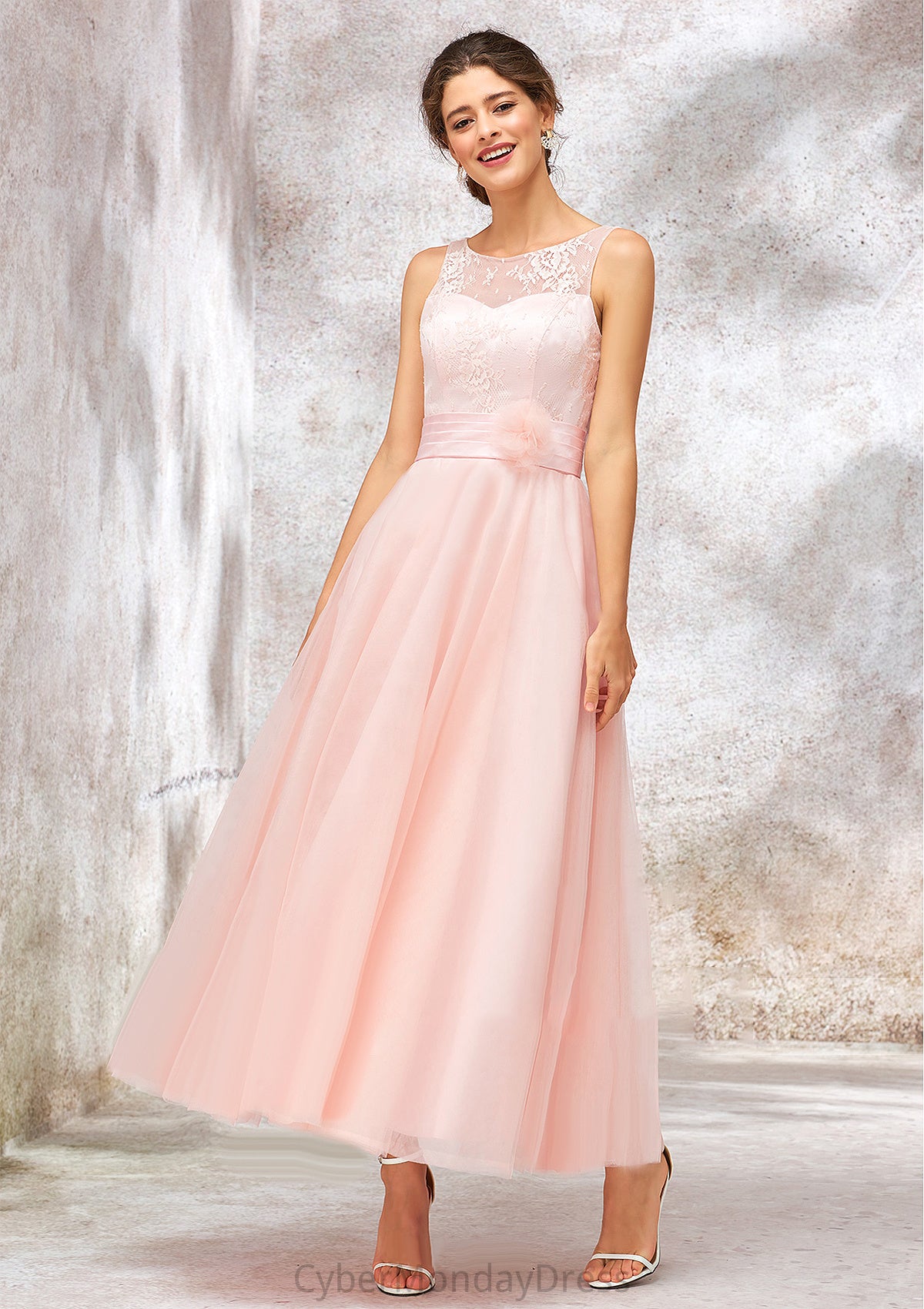 Bateau Sleeveless Tea-Length Tulle A-line/Princess Bridesmaid Dresses With Waistband Lace Addisyn DTP0025403