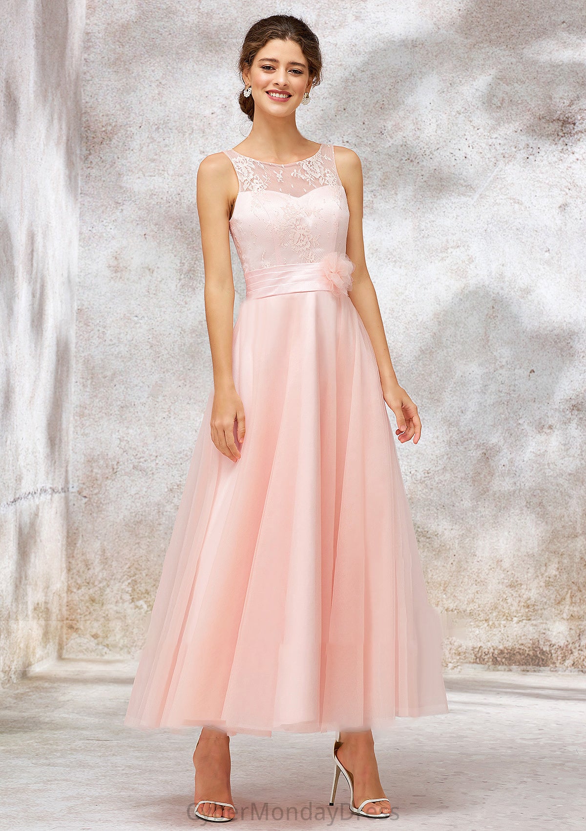 Bateau Sleeveless Tea-Length Tulle A-line/Princess Bridesmaid Dresses With Waistband Lace Addisyn DTP0025403