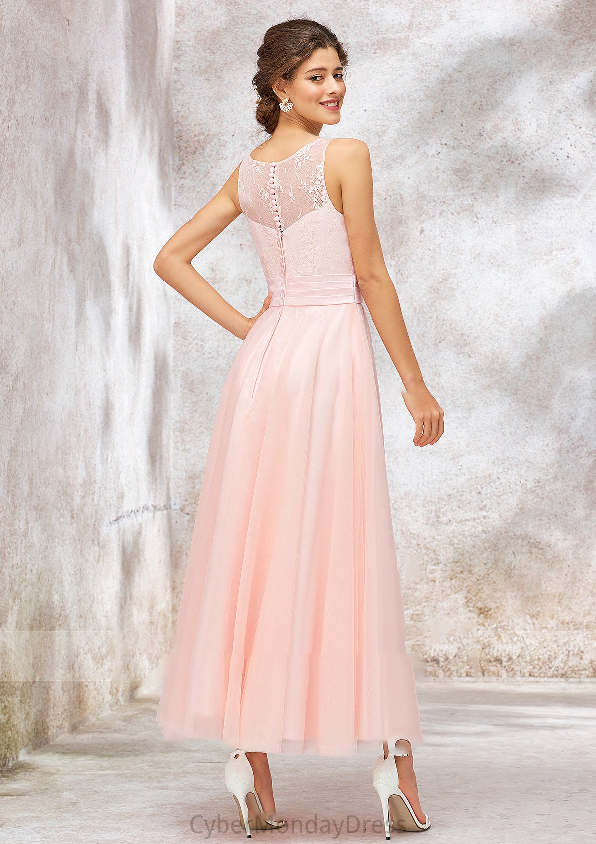 Bateau Sleeveless Tea-Length Tulle A-line/Princess Bridesmaid Dresses With Waistband Lace Addisyn DTP0025403