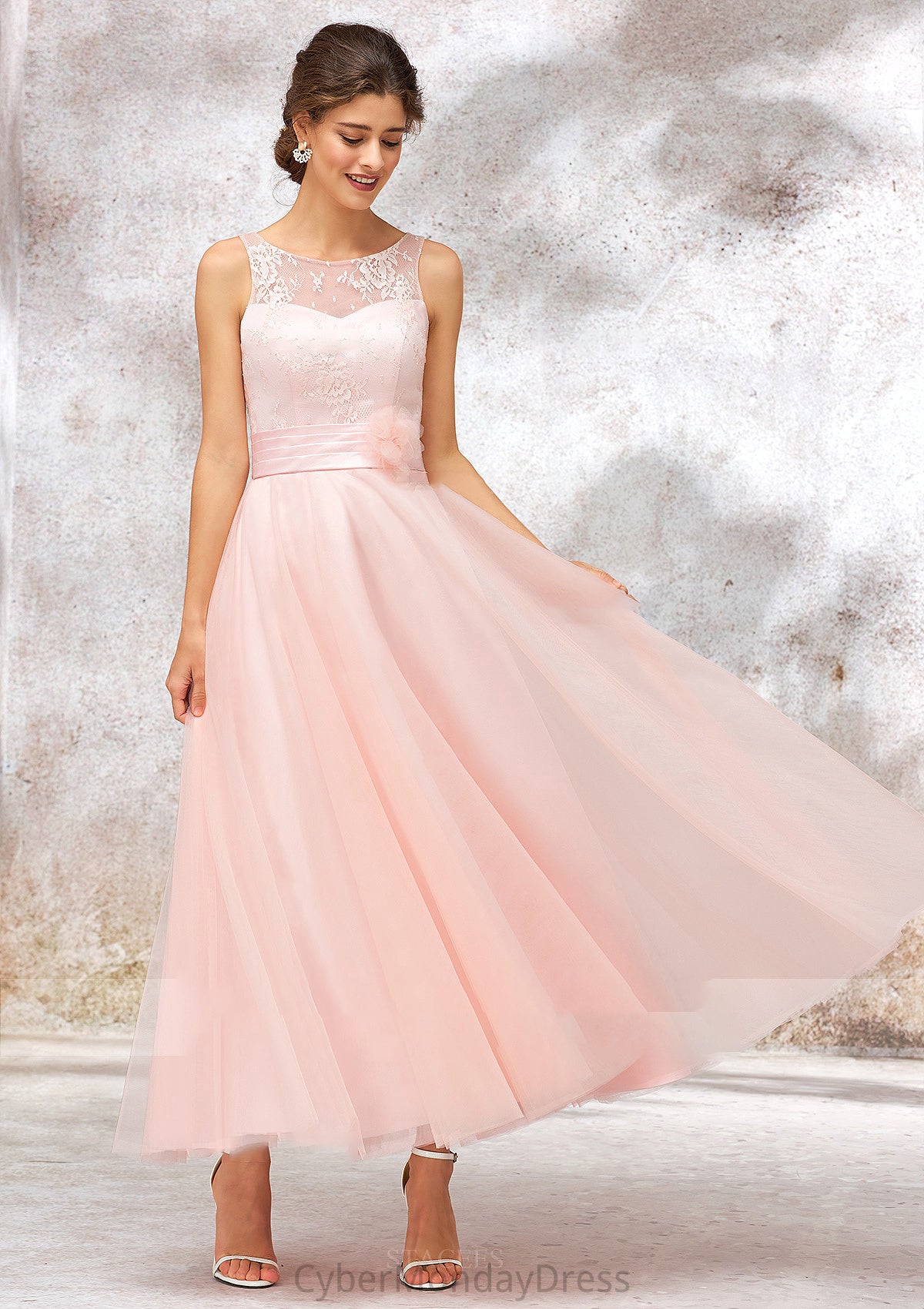 Bateau Sleeveless Tea-Length Tulle A-line/Princess Bridesmaid Dresses With Waistband Lace Addisyn DTP0025403