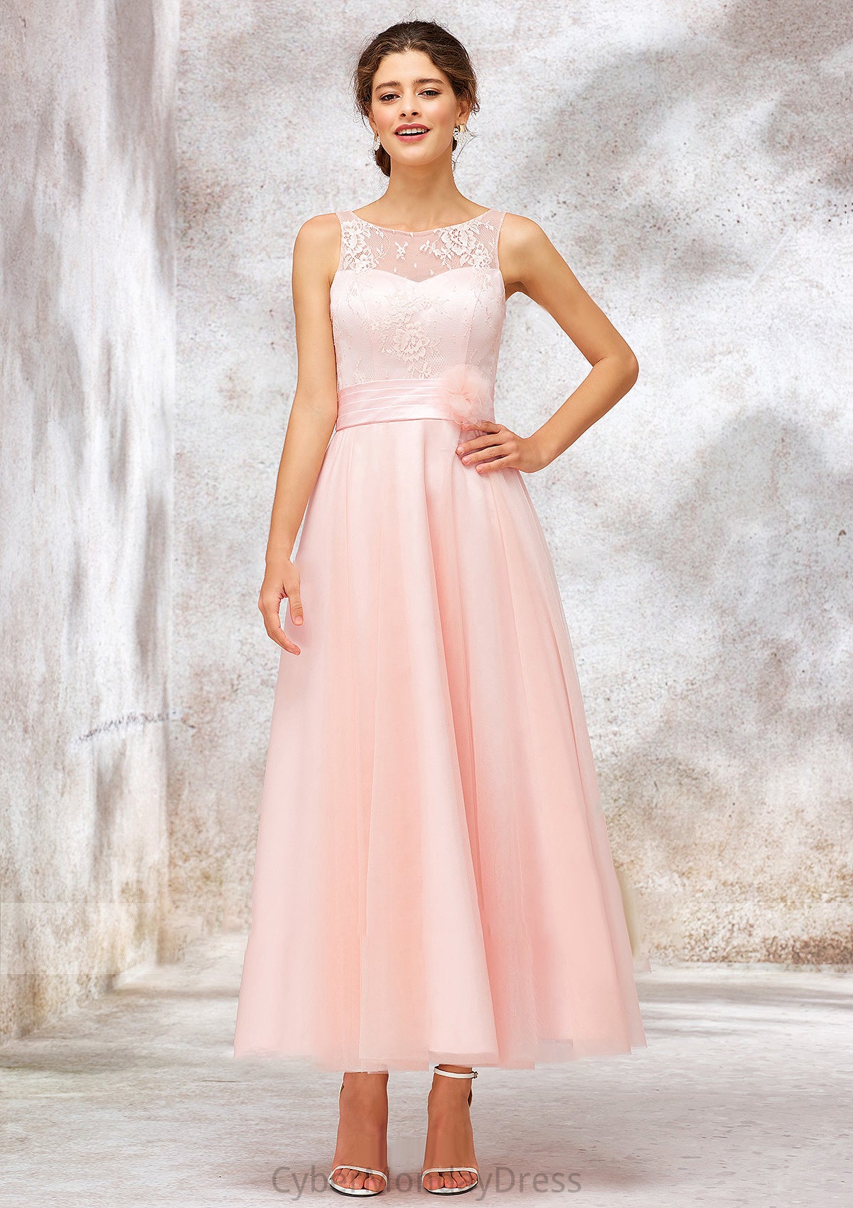 Bateau Sleeveless Tea-Length Tulle A-line/Princess Bridesmaid Dresses With Waistband Lace Addisyn DTP0025403