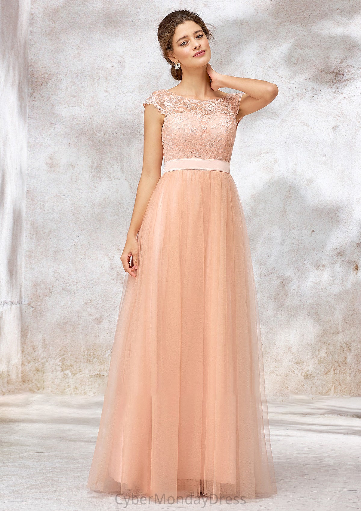 Sleeveless Bateau Long/Floor-Length Tulle A-line/Princess Bridesmaid Dresses With Sashes Lace Natasha DTP0025405