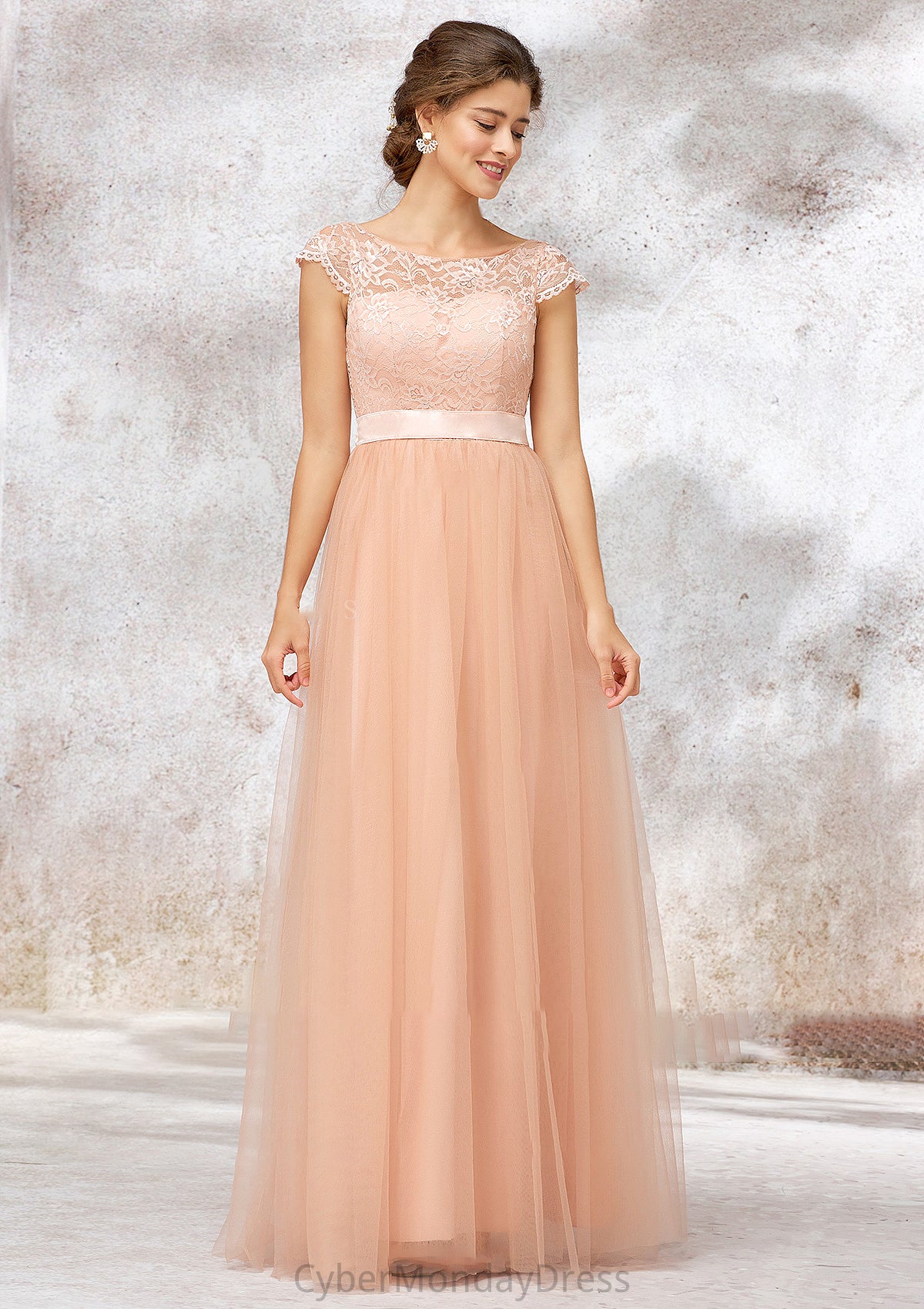 Sleeveless Bateau Long/Floor-Length Tulle A-line/Princess Bridesmaid Dresses With Sashes Lace Natasha DTP0025405