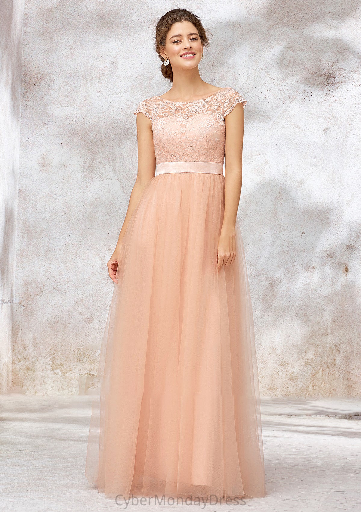 Sleeveless Bateau Long/Floor-Length Tulle A-line/Princess Bridesmaid Dresses With Sashes Lace Natasha DTP0025405