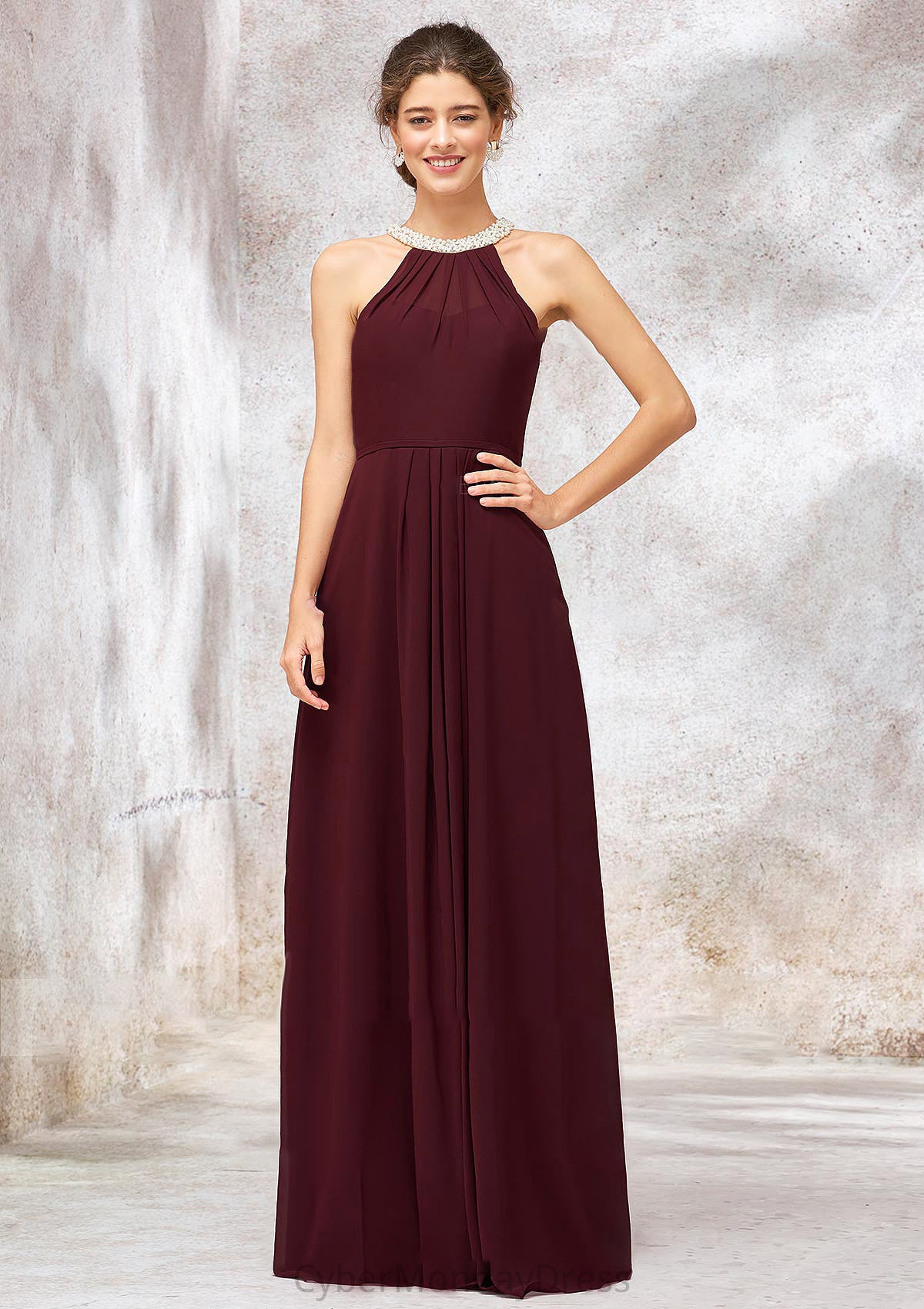 Sleeveless Scoop Neck Long/Floor-Length Chiffon A-line/Princess Bridesmaid Dresses With Pleated Beading Beryl DTP0025406