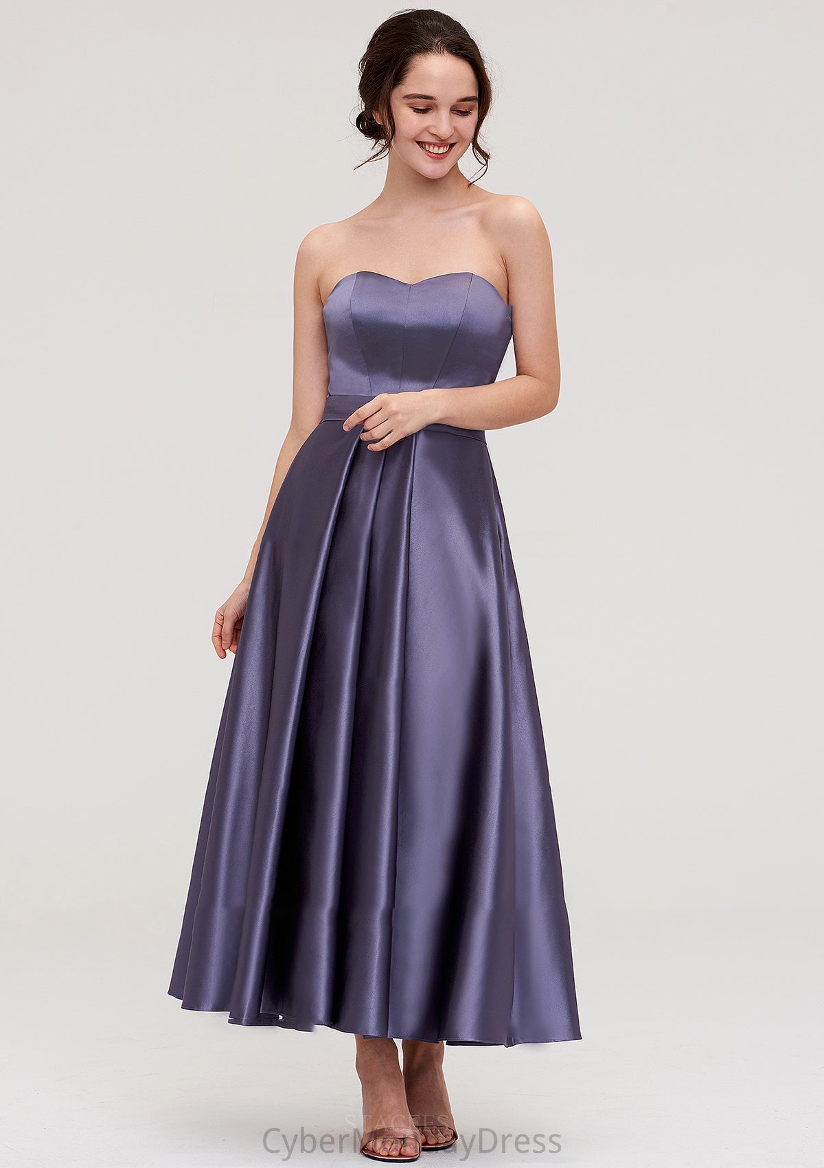 Sweetheart Sleeveless A-line/Princess Satin Ankle-Length Bridesmaid Dresses With Pleated Dulce DTP0025408