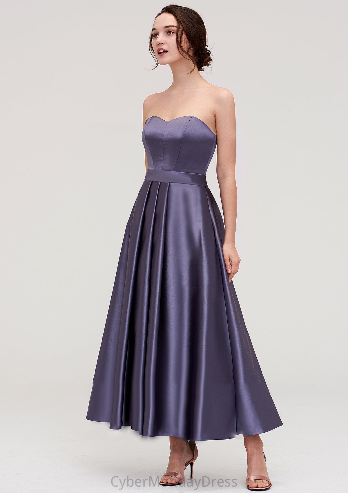 Sweetheart Sleeveless A-line/Princess Satin Ankle-Length Bridesmaid Dresses With Pleated Dulce DTP0025408