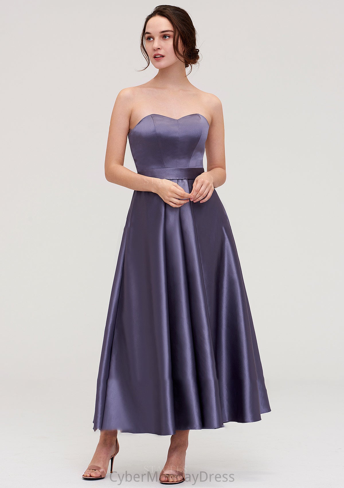 Sweetheart Sleeveless A-line/Princess Satin Ankle-Length Bridesmaid Dresses With Pleated Dulce DTP0025408