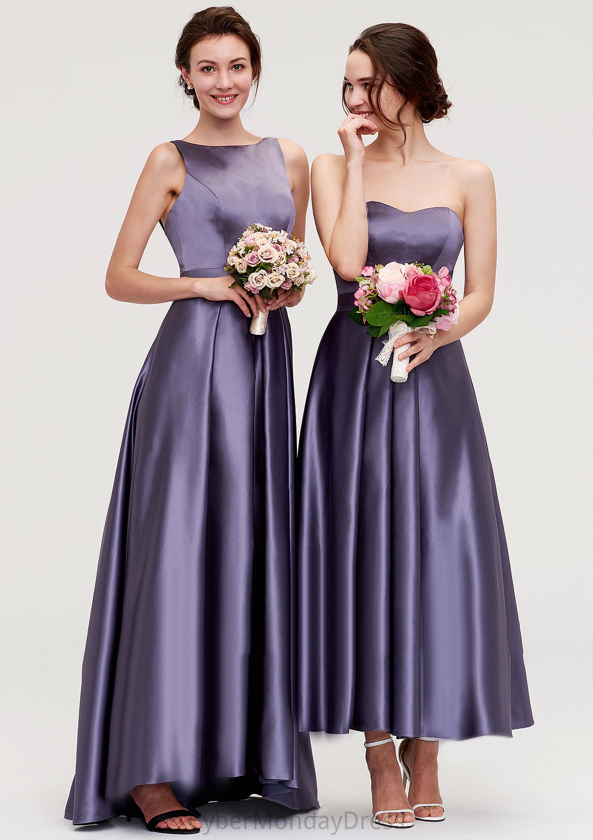 Sleeveless Bateau Ankle-Length Satin A-line/Princess Bridesmaid Dresses With Pleated Vanessa DTP0025409