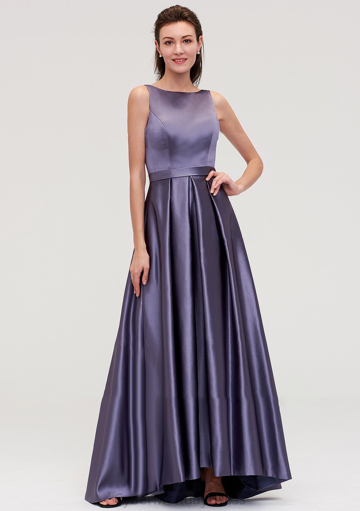 Sleeveless Bateau Ankle-Length Satin A-line/Princess Bridesmaid Dresses With Pleated Vanessa DTP0025409