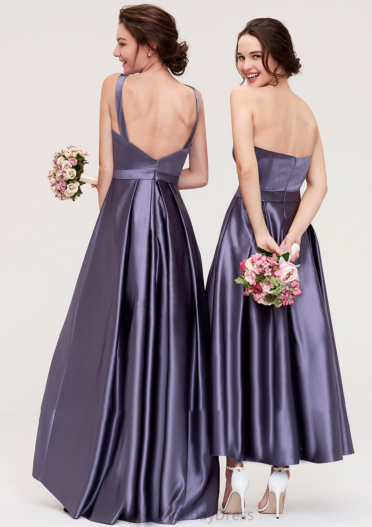 Sleeveless Bateau Ankle-Length Satin A-line/Princess Bridesmaid Dresses With Pleated Vanessa DTP0025409