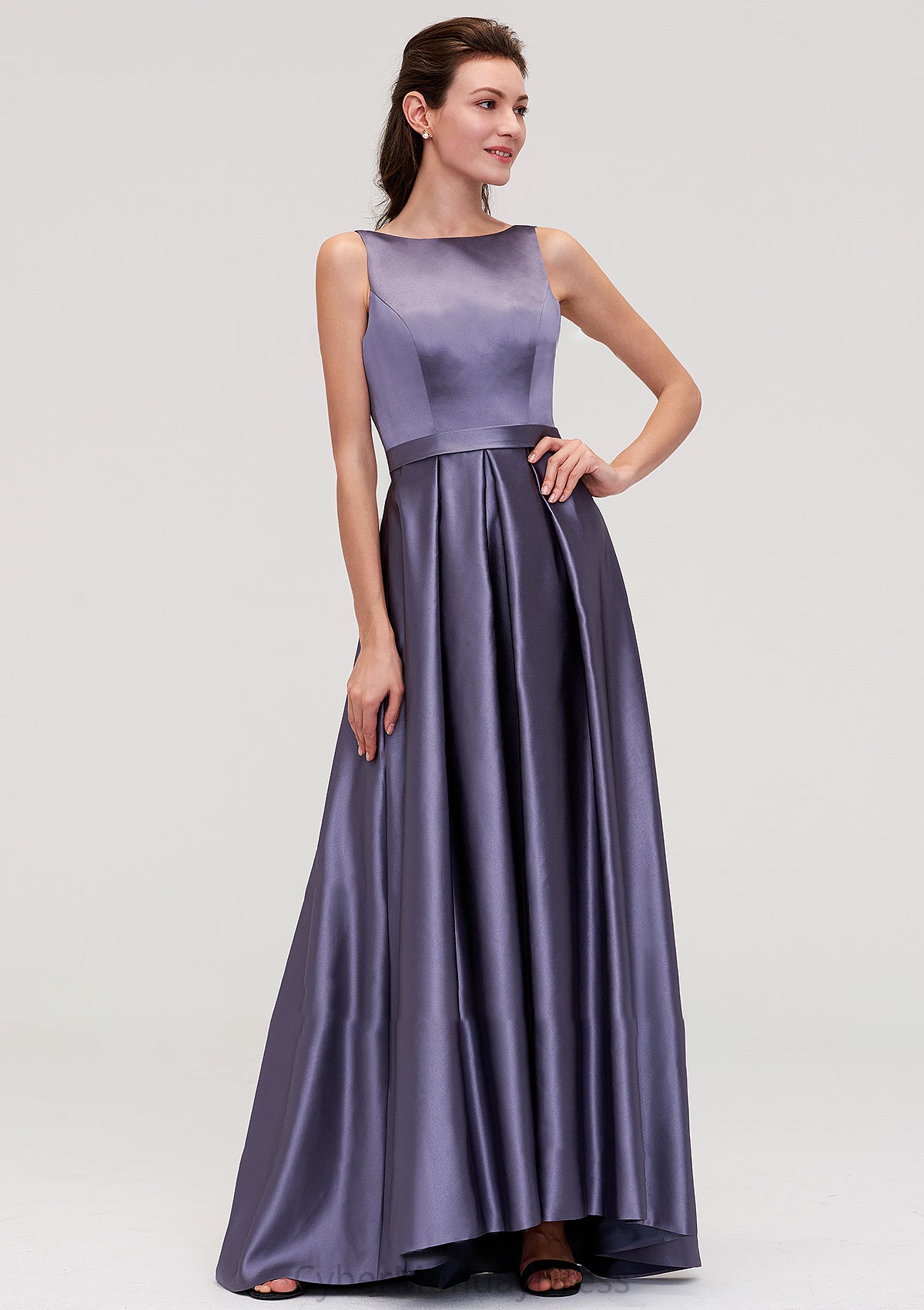 Sleeveless Bateau Ankle-Length Satin A-line/Princess Bridesmaid Dresses With Pleated Vanessa DTP0025409