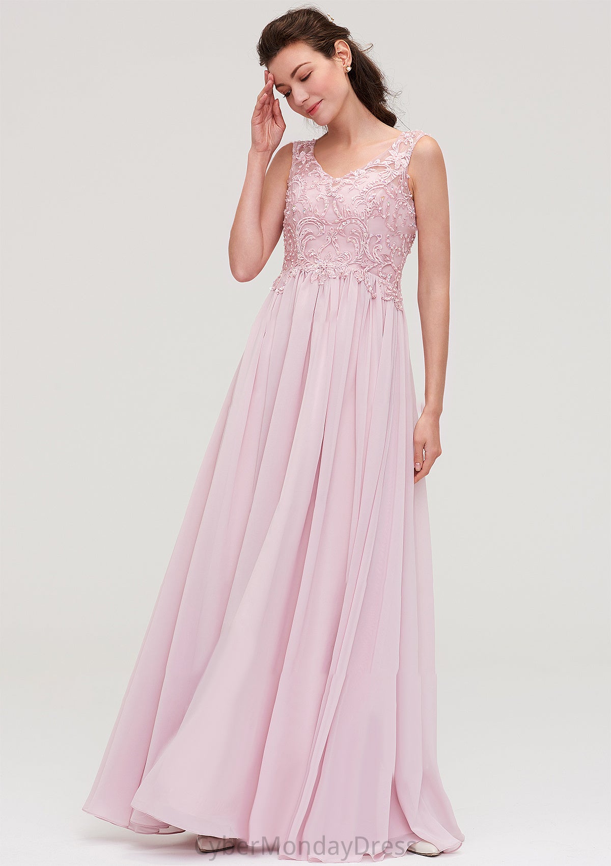 Sleeveless V Neck A-line/Princess Chiffon Long/Floor-Length Bridesmaid Dresseses With Beading Appliqued Carley DTP0025410