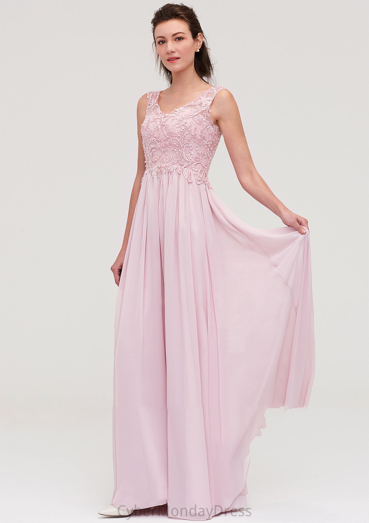 Sleeveless V Neck A-line/Princess Chiffon Long/Floor-Length Bridesmaid Dresseses With Beading Appliqued Carley DTP0025410