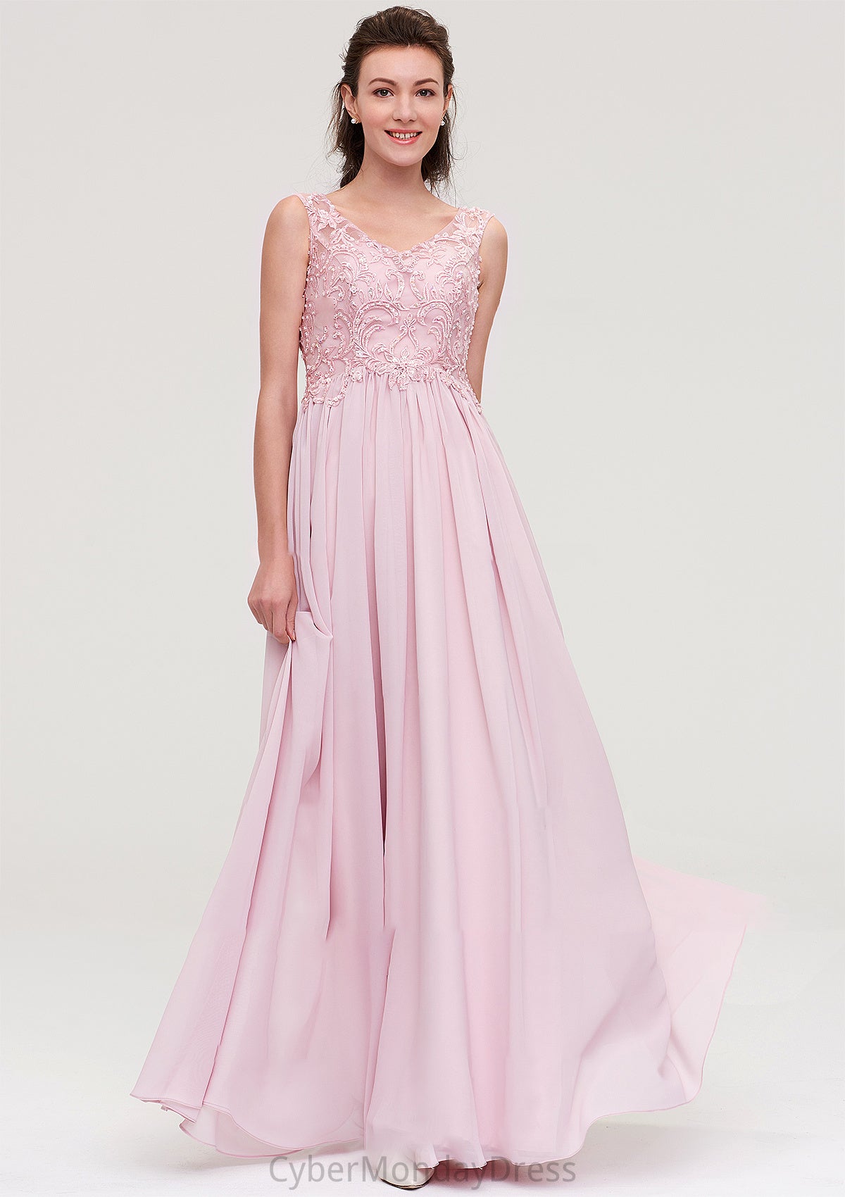 Sleeveless V Neck A-line/Princess Chiffon Long/Floor-Length Bridesmaid Dresseses With Beading Appliqued Carley DTP0025410