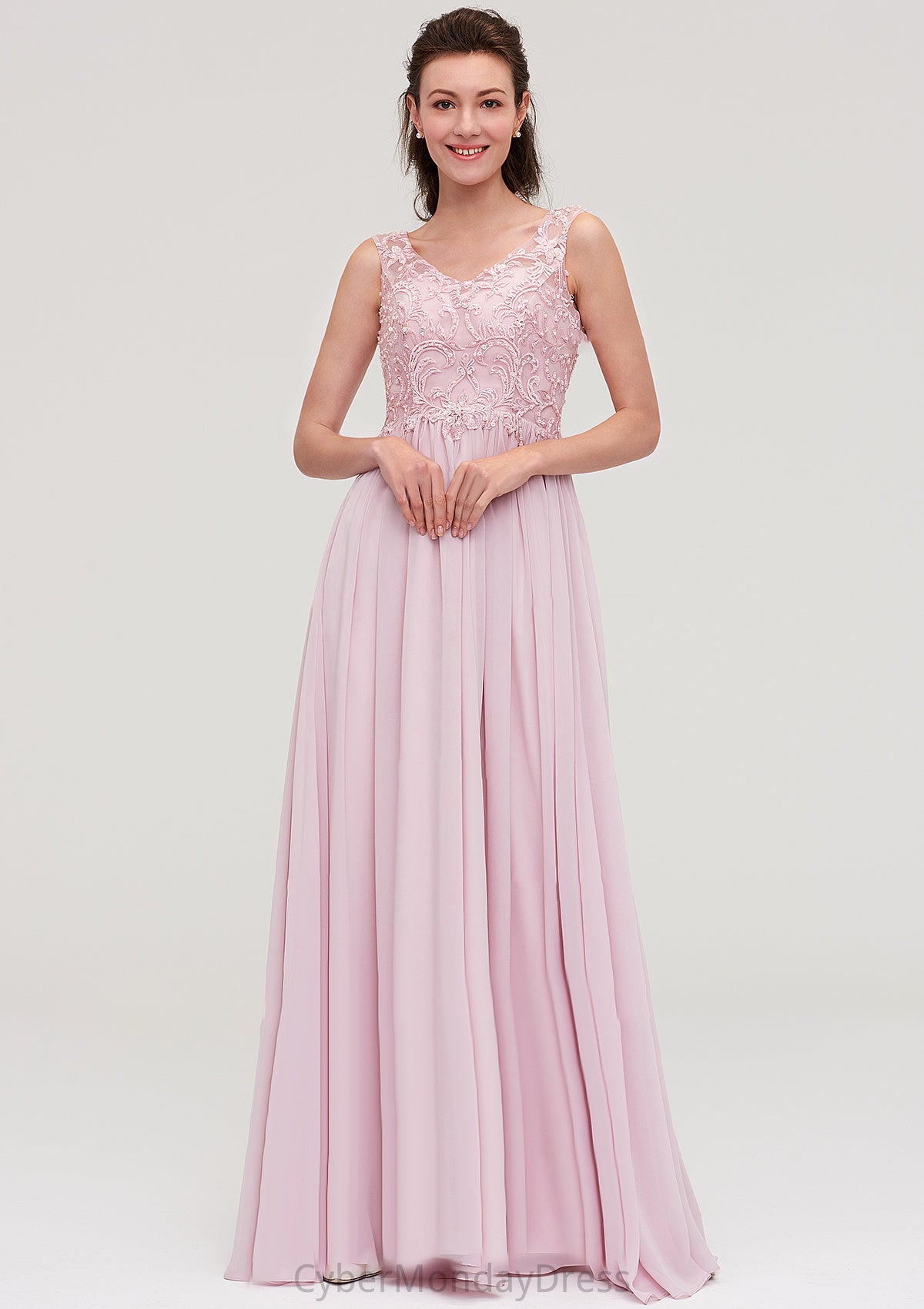 Sleeveless V Neck A-line/Princess Chiffon Long/Floor-Length Bridesmaid Dresseses With Beading Appliqued Carley DTP0025410