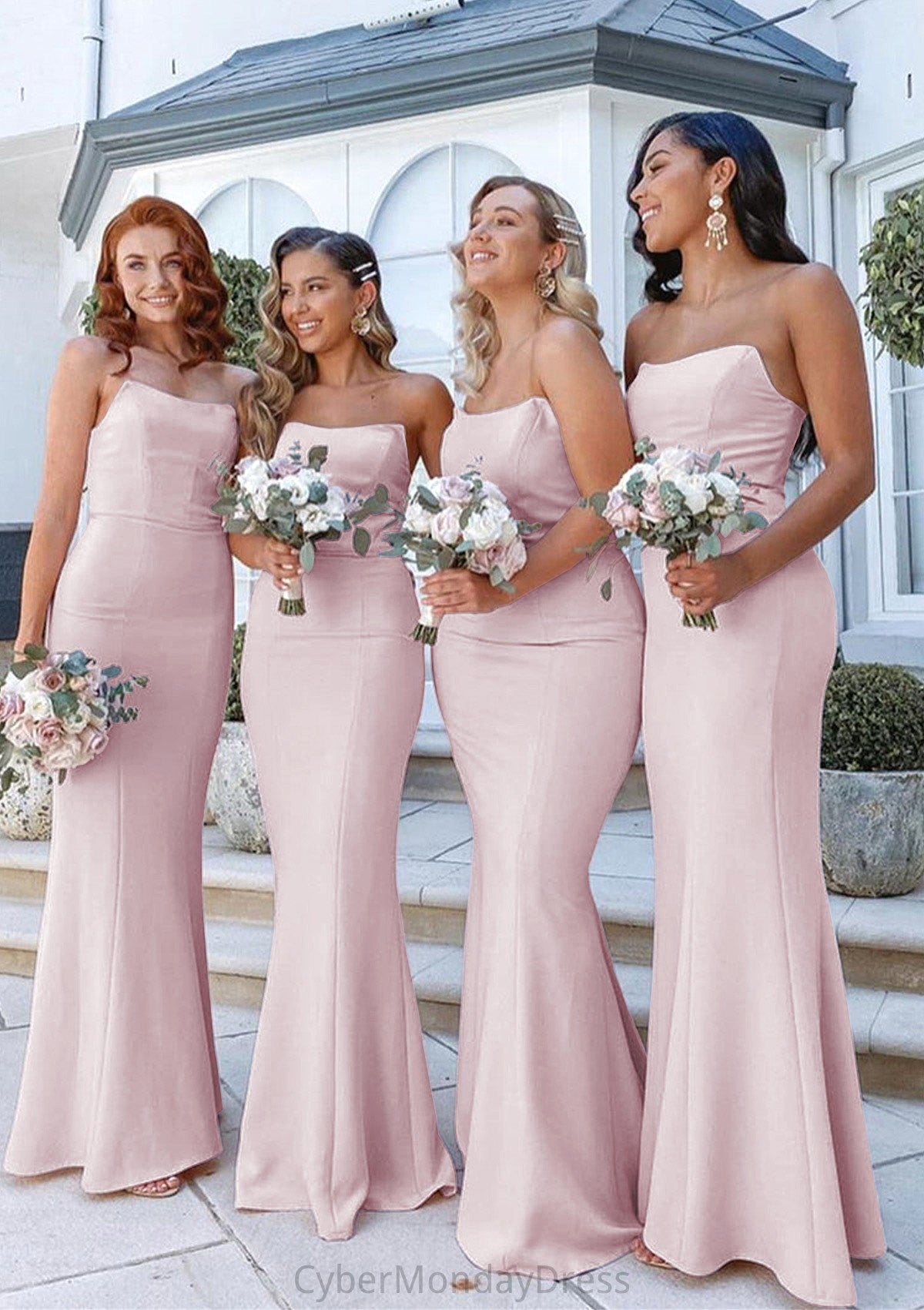 Sheath/Column Square Neckline Sleeveless Long/Floor-Length Elastic Satin Bridesmaid Dresses Jemima DTP0025411