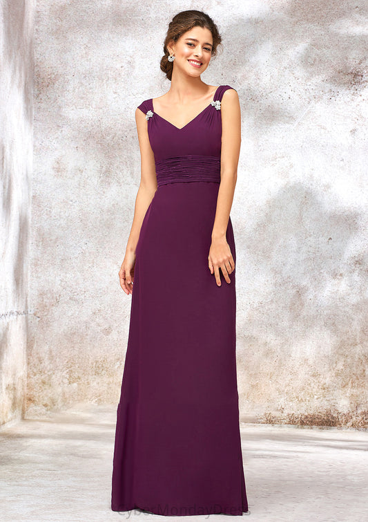 V Neck Sleeveless Long/Floor-Length Sheath/Column Chiffon Bridesmaid Dresses With Sashes Pleated Beading Ryann DTP0025412