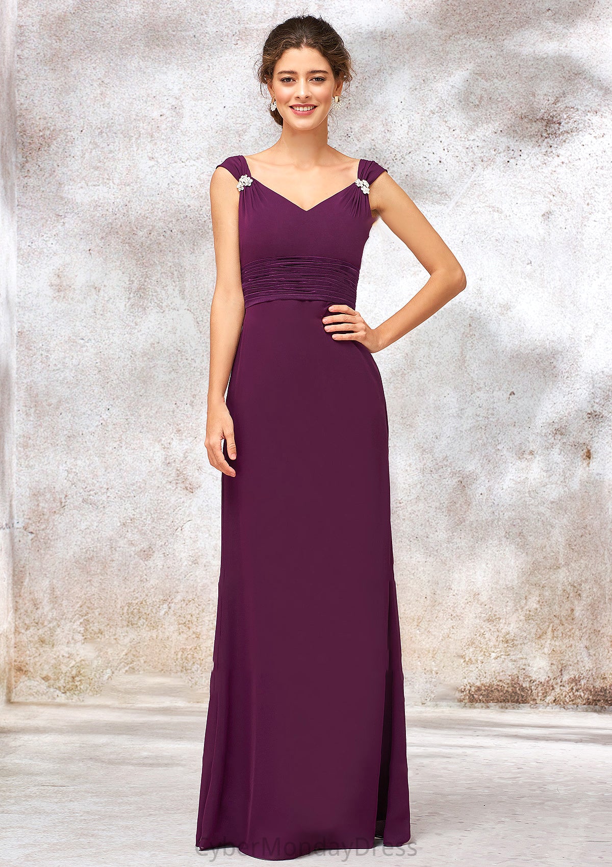 V Neck Sleeveless Long/Floor-Length Sheath/Column Chiffon Bridesmaid Dresses With Sashes Pleated Beading Ryann DTP0025412