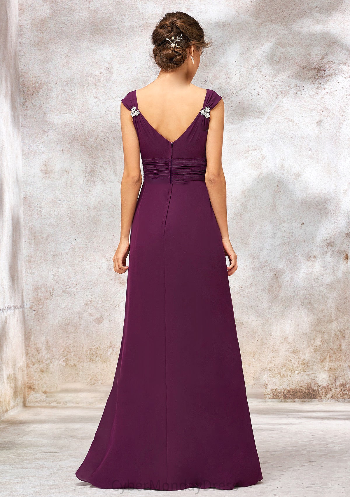 V Neck Sleeveless Long/Floor-Length Sheath/Column Chiffon Bridesmaid Dresses With Sashes Pleated Beading Ryann DTP0025412