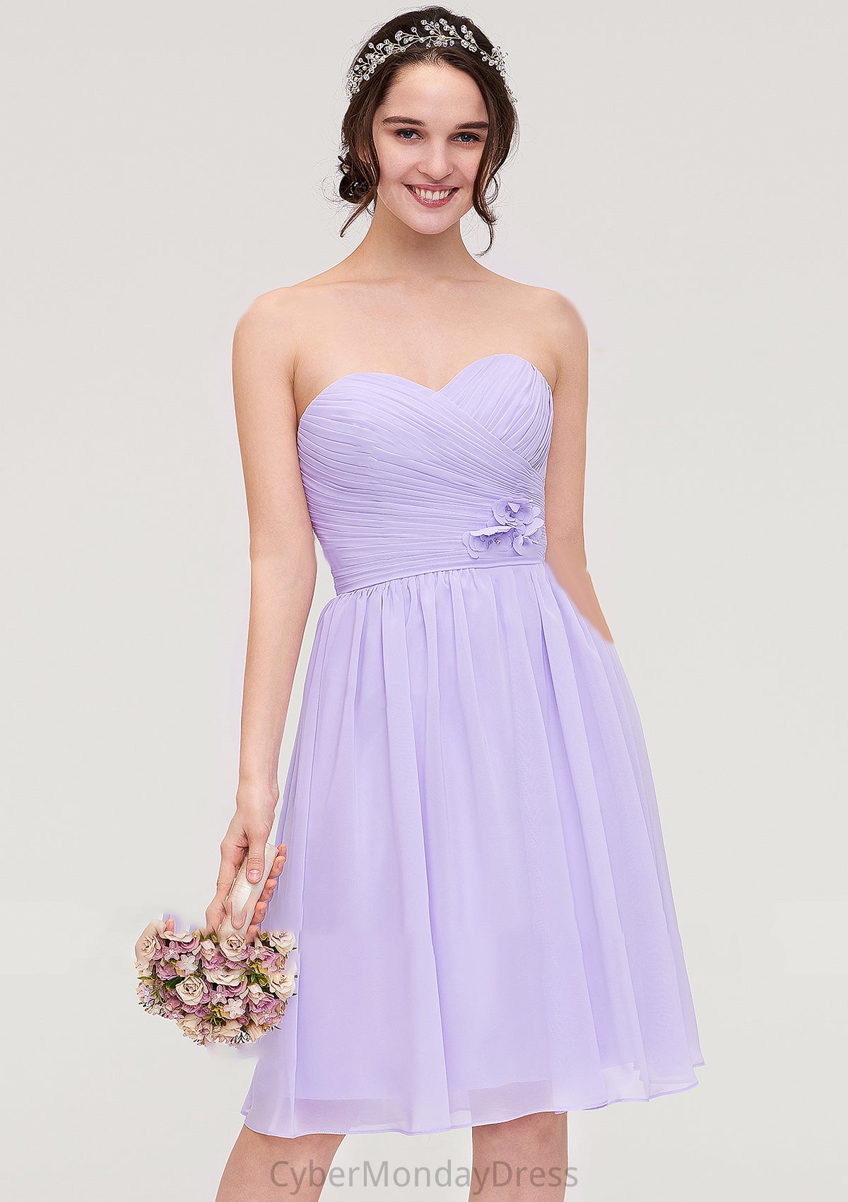 Sleeveless Sweetheart Chiffon Knee-Length A-line/Princess Bridesmaid Dresses With Pleated Flowers Madelynn DTP0025413