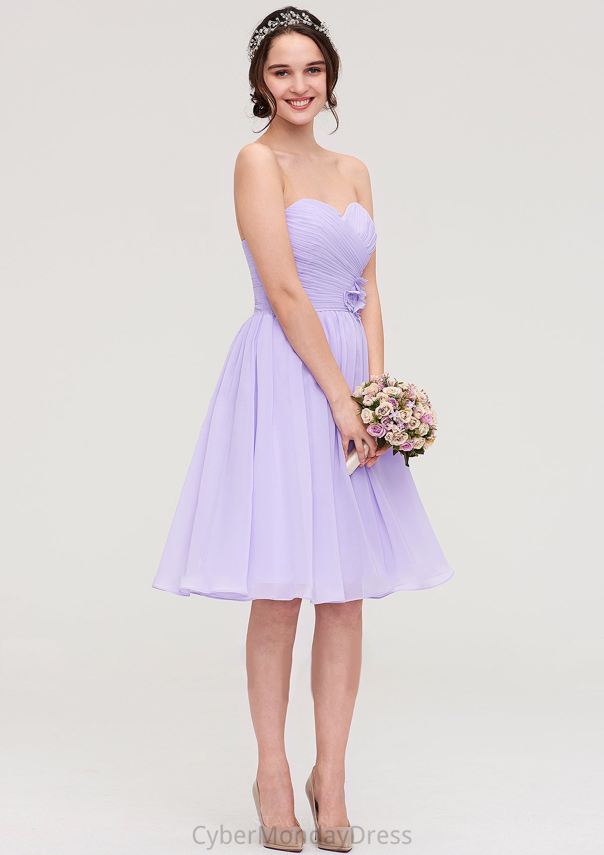 Sleeveless Sweetheart Chiffon Knee-Length A-line/Princess Bridesmaid Dresses With Pleated Flowers Madelynn DTP0025413