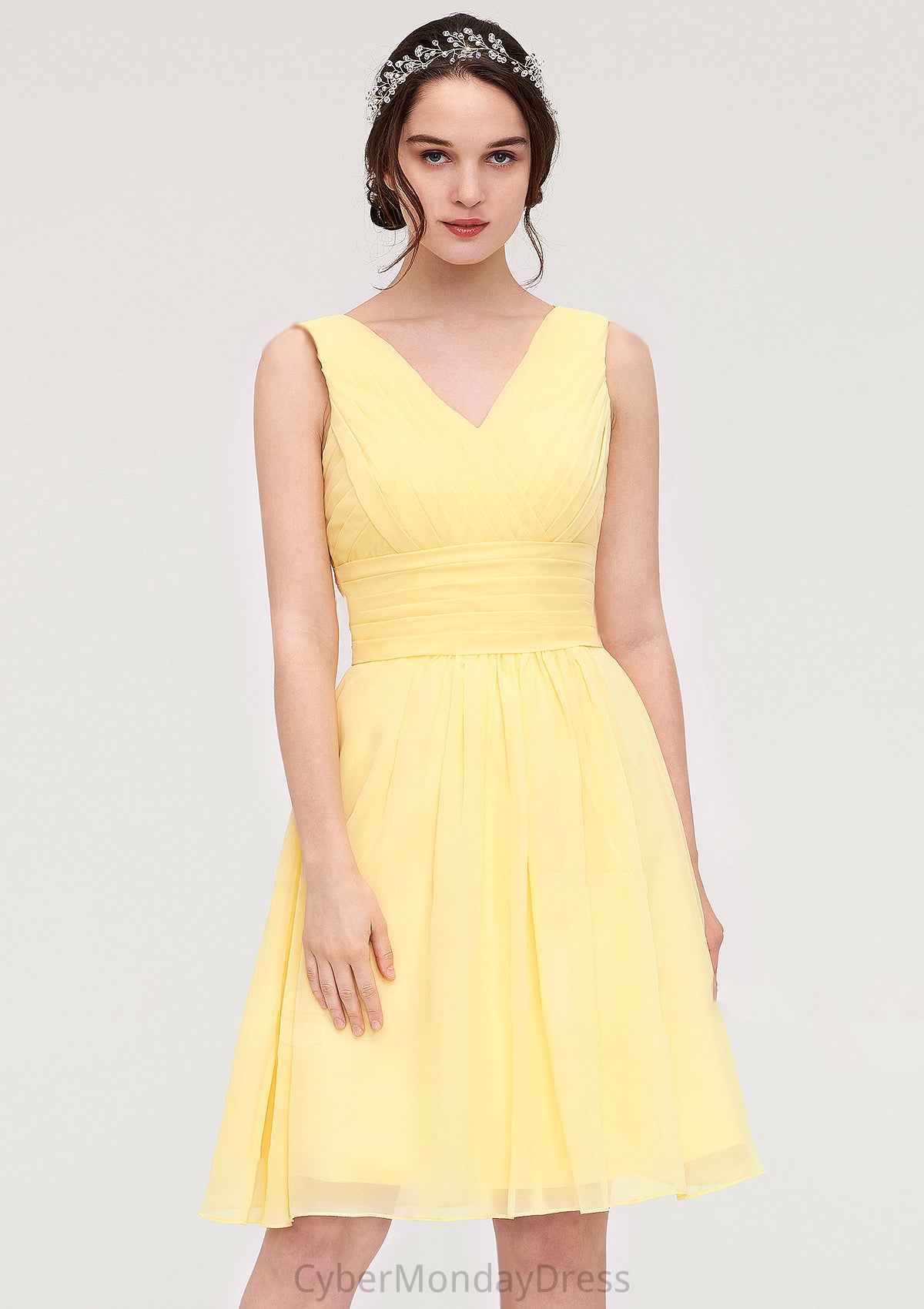 V Neck Sleeveless A-line/Princess Chiffon Knee-Length Bridesmaid Dresses With Pleated Mya DTP0025414